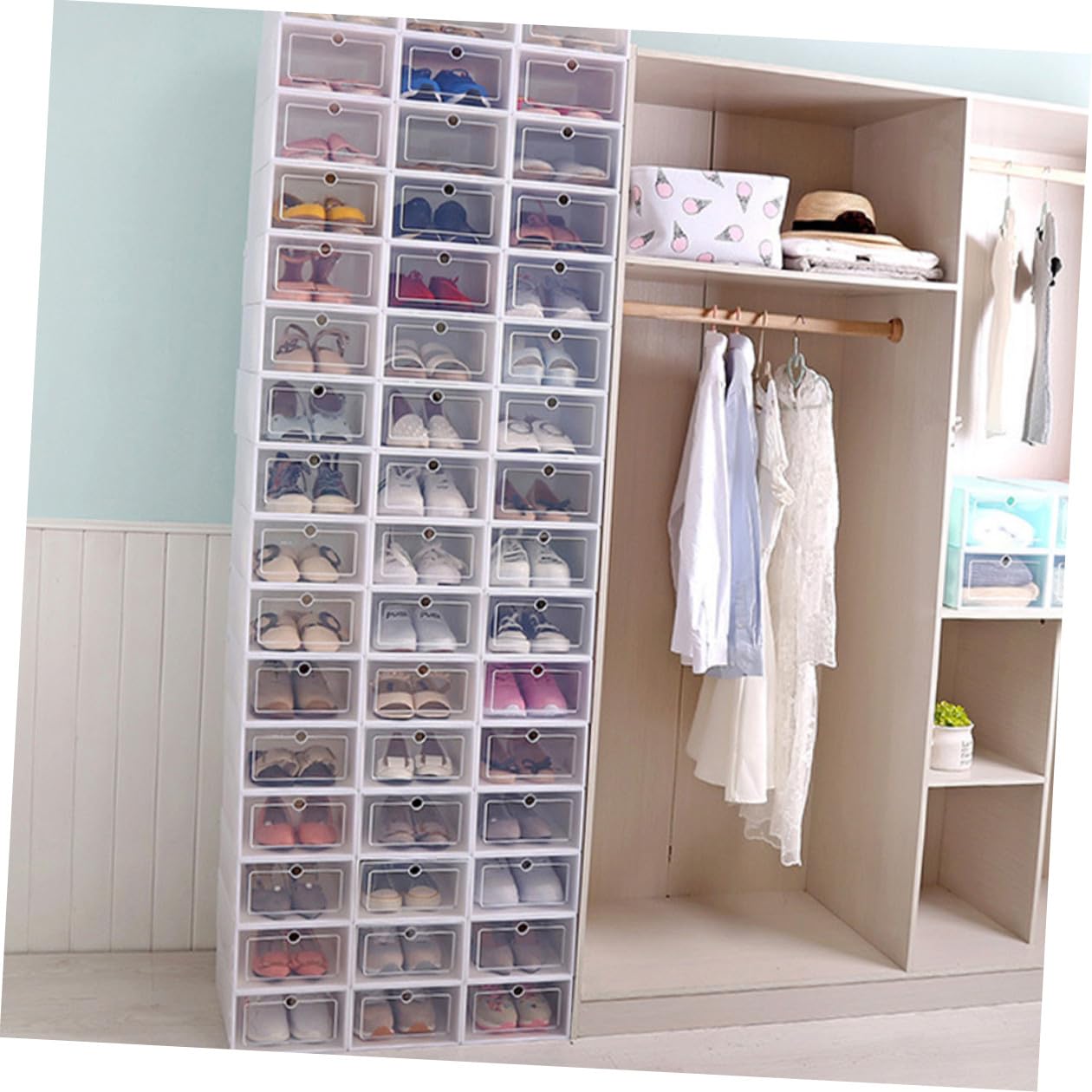 ULTECHNOVO 12 Stück Stapelbare Schuhkartons aus Dickem Kunststoff Größe L Transparent Weiß Schuhaufbewahrungsbox für Kleiderschrank und Schuhregal
