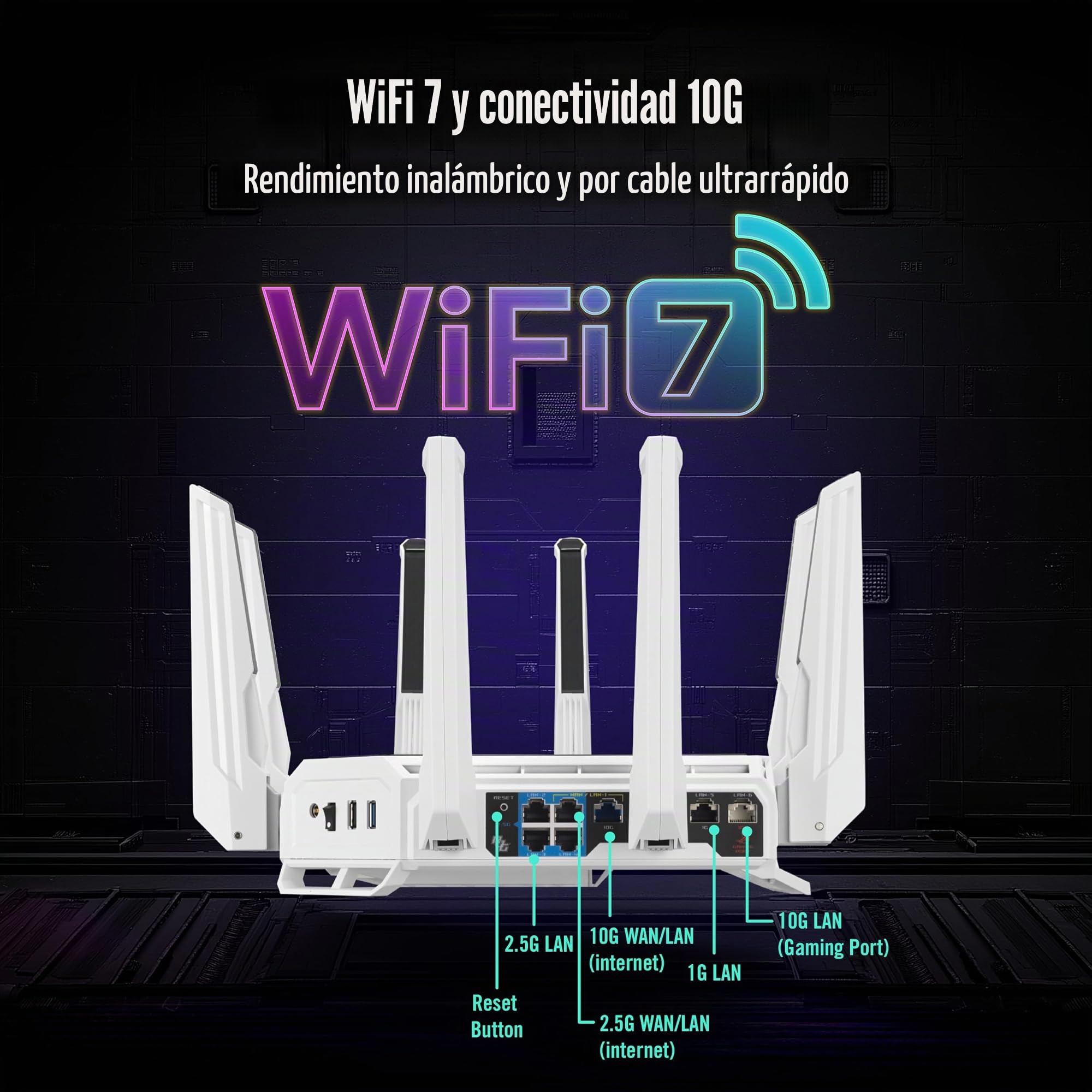 ASUS GT-BE19000AI Router de Juego AI Tri-Band WiFi 7 (802.11be), Ancho de Banda de 320 MHz y 4096-QAM, MLO, Dos Puertos 10G, AI Game Boost, Red de Juegos, Aura RGB, Soporte AiMesh, Guest Network