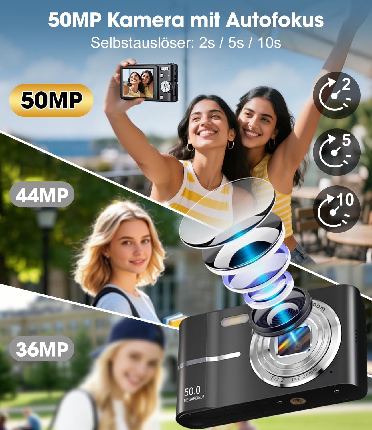 1080P Digitalkamera Autofokus 50MP Vlogging Kamera Anti-Shake 16X Zoom Compact Point and Shoot für Erwachsene Anfänger