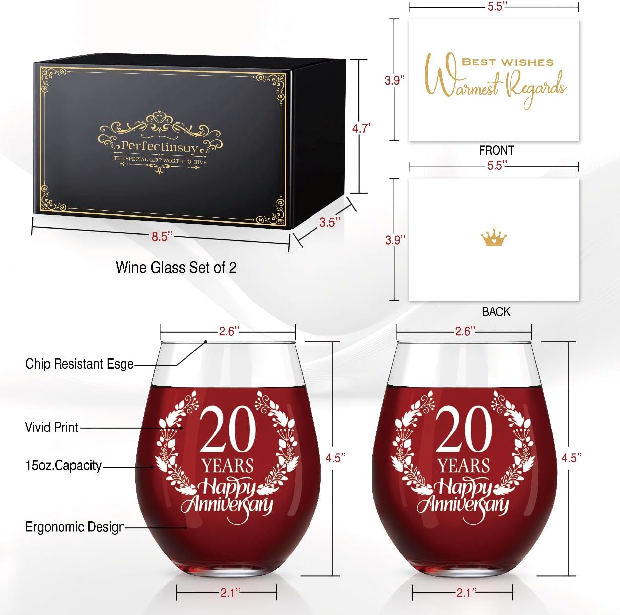 Perfectinsoy 20 Years Happy Anniversary Wine Glass Set of 2, Happy 20th Anniversary Wedding Gifts for Mom, Dad, Wife, Soulmate, Couple, Funny Vintage Unique Personalized, 20 Years Gifts - Image 2