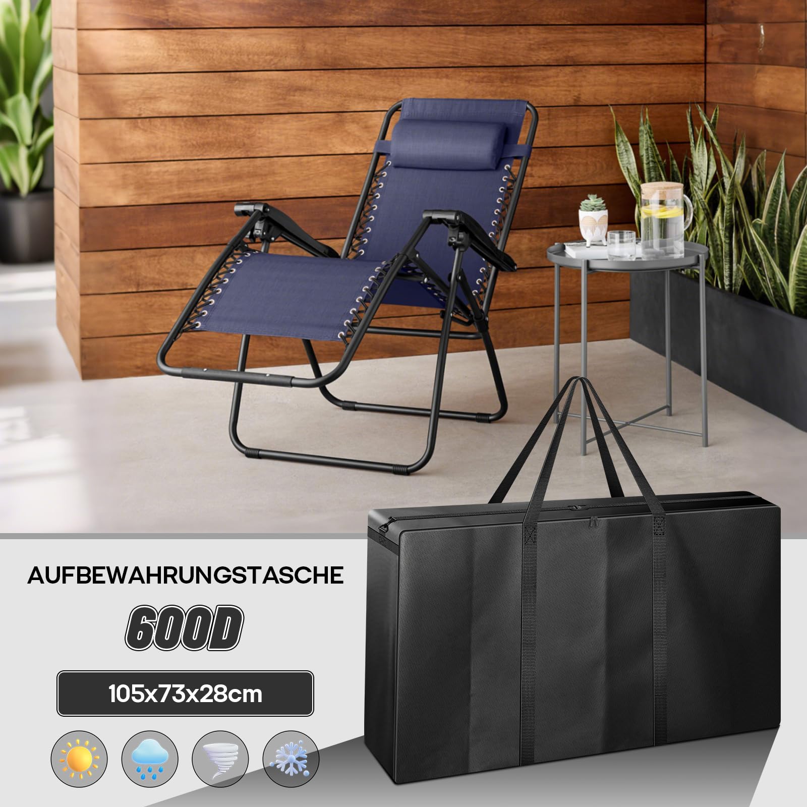 Bolsa de almacenamiento grande para silla de jardín, 600D, 105 x 73 x 28 cm, funda de transporte para tumbonas, cojín de muebles, mesa de camping, plegable, mesas plegables, chaise, terraza