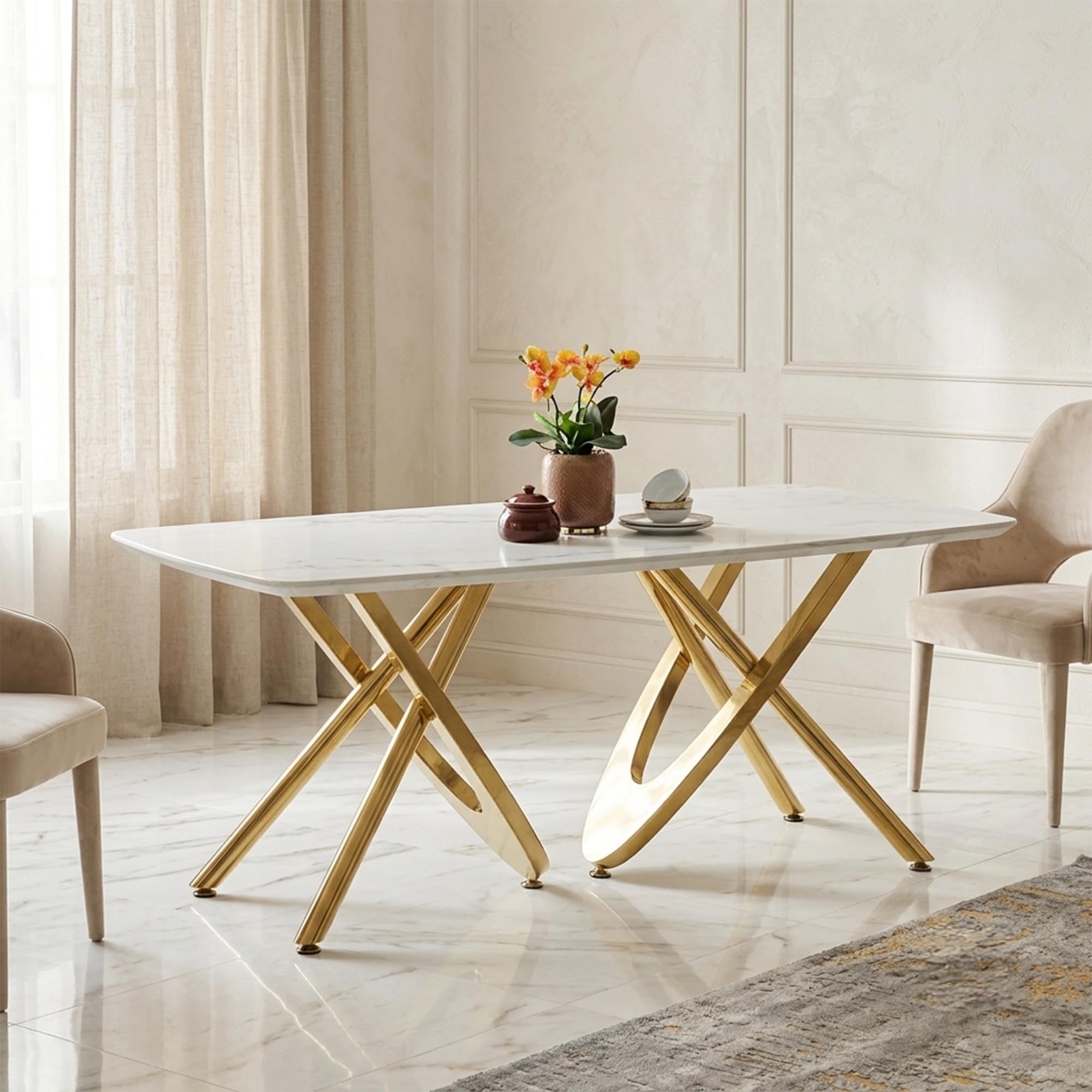 Royaloak Romania Italian Marble Dining Table Six Seater | Premium Marble Top with Rounded Corners, Gold-Finished Intersecting Metal Legs & Contemporary Design | Elegant Dining Table Without Chair-image-39