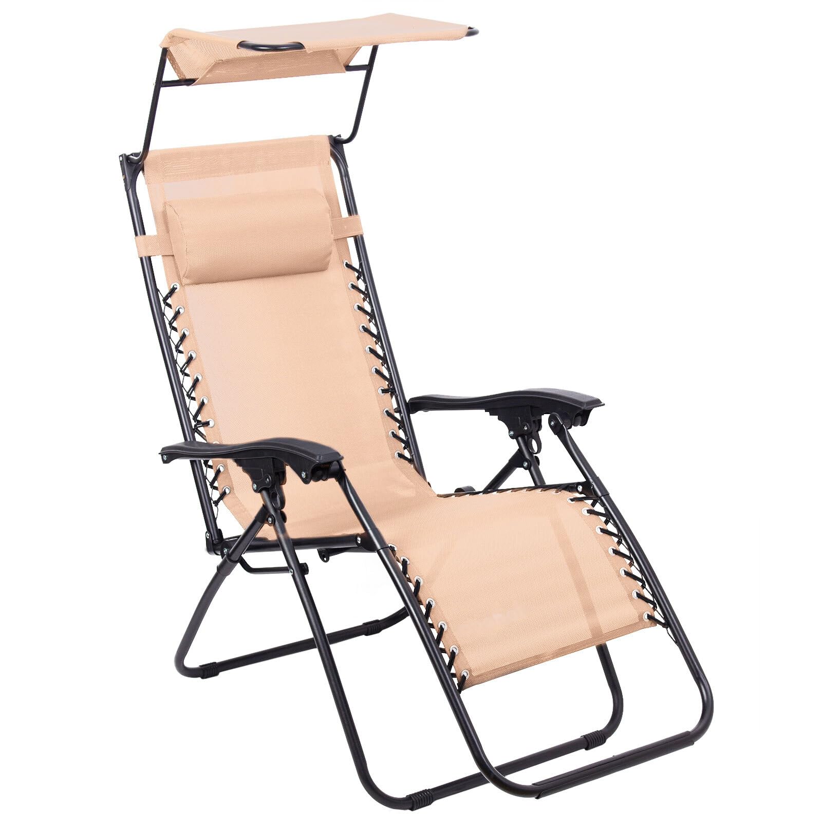 Todeco Transat de Jardin Pliable avec Pare-Soleil, Chaise Longue Inclinable Multiposition, Bain de Soleil Relax en Textilène Respirant avec Repose-Tête et Accoudoirs, pour Plage, Camping, Kaki
