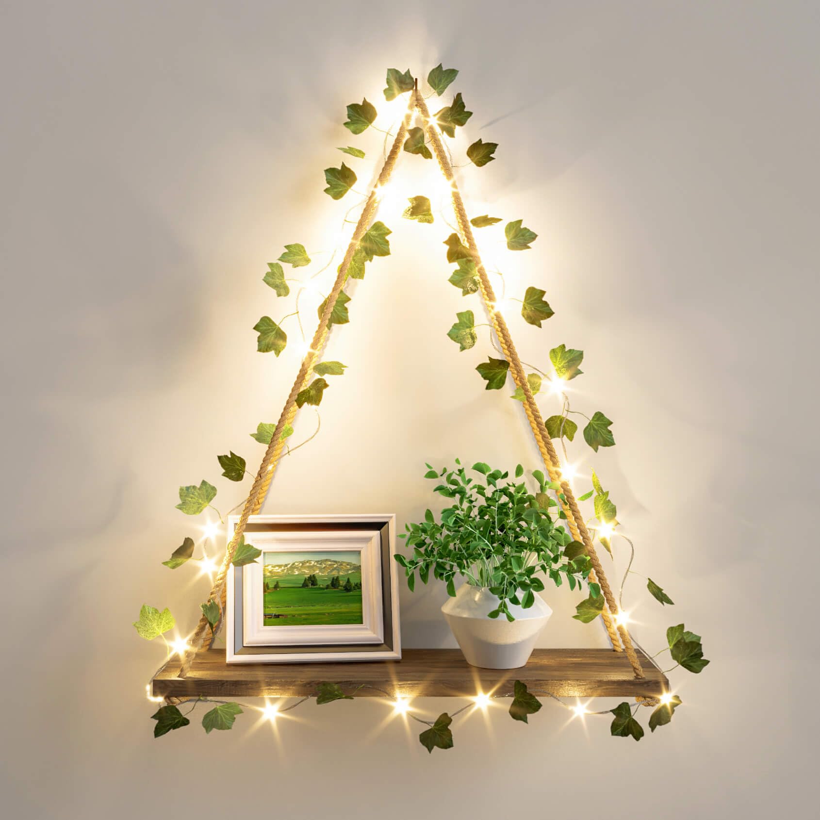 RICHER HOUSE Artificial Ivy LED-Strip Wall Hanging Shelves, Macrame Shelf for Bedroom Bathroom Living Room Kitchen, Wood Hanging Plant Shelves for