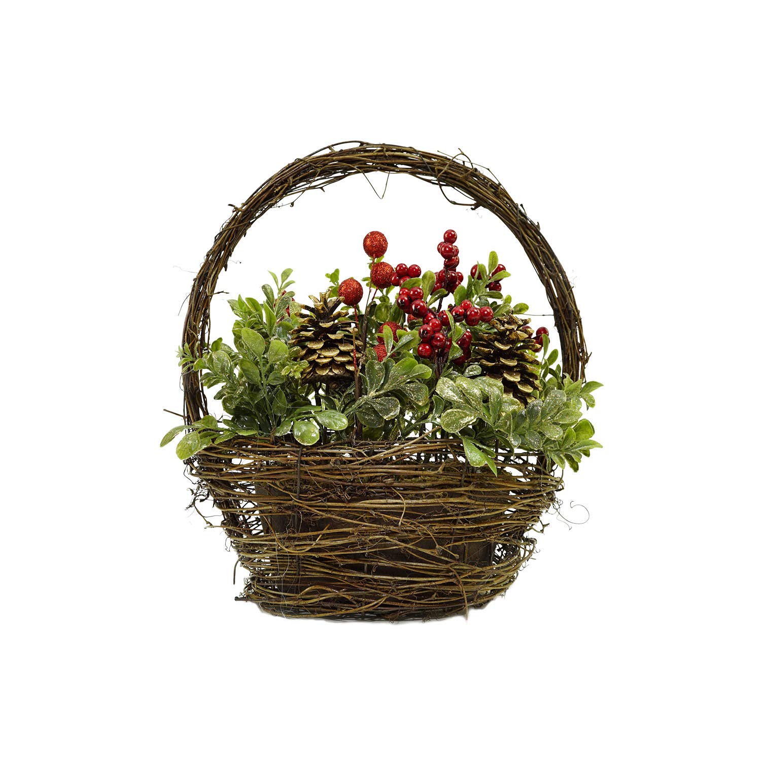 Northlight Pine Cones Berries and Boxwood in Twig Basket Christmas Tabletop Decoration, 12
