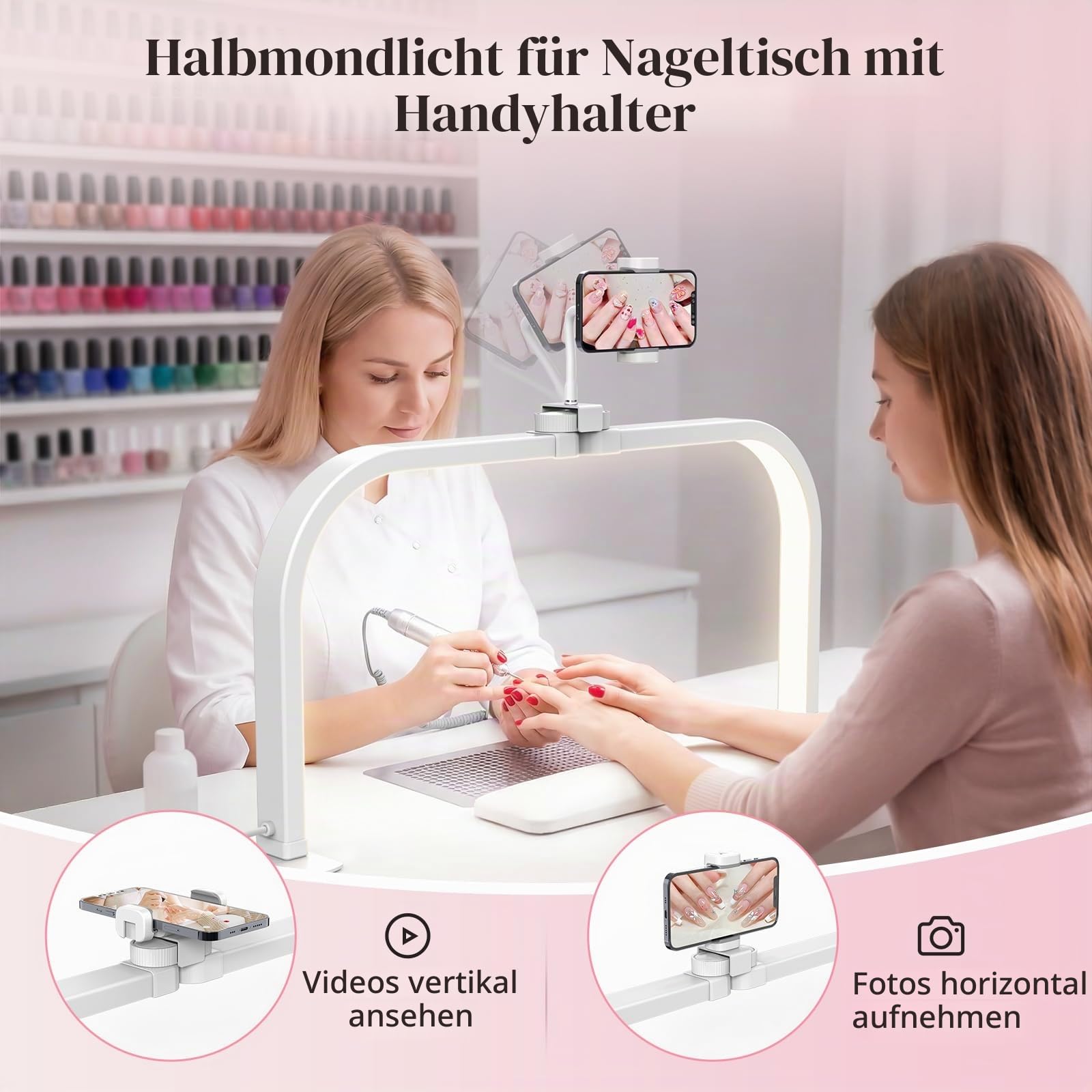 Desktop Halbmond Lampe Nägel: 29in Halbmond Lampe für Anfänger - 3 Farbmodi und 10 Helligkeitsstufen Nagel Tischlampe für Salon - 40W LED Halbmond Wimpern Lampe für Kosmetik/Tattoo - Weiß