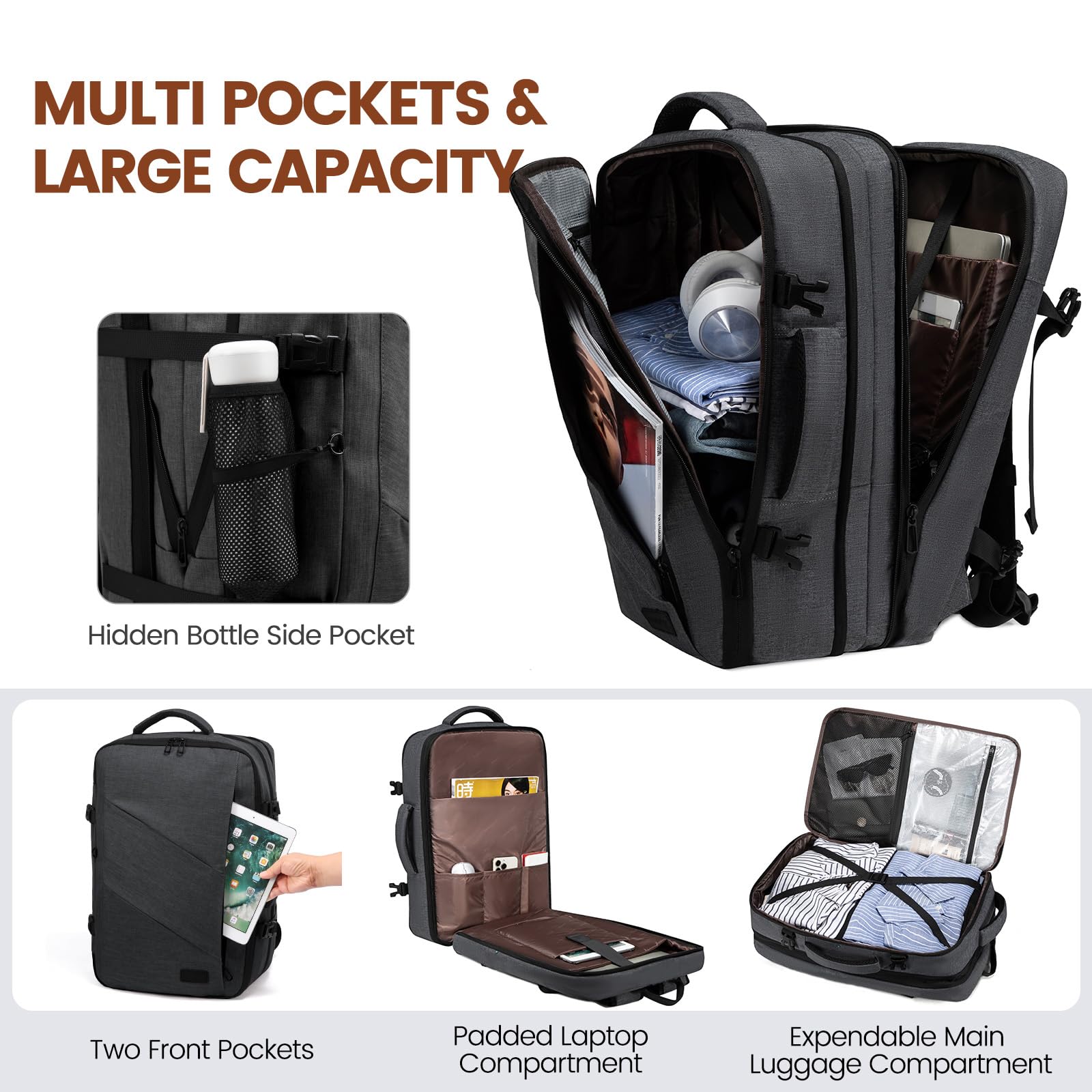 LOVEVOOK Zaino Bagaglio A Mano Per Easyjet 45x36x20 Ryanair Zaino Da Viaggio Per Aeroplano, Zaino Per 17 Pollici Laptop Grande Zaini Da Uomo Donna Per Viaggi Weekender, Grigio