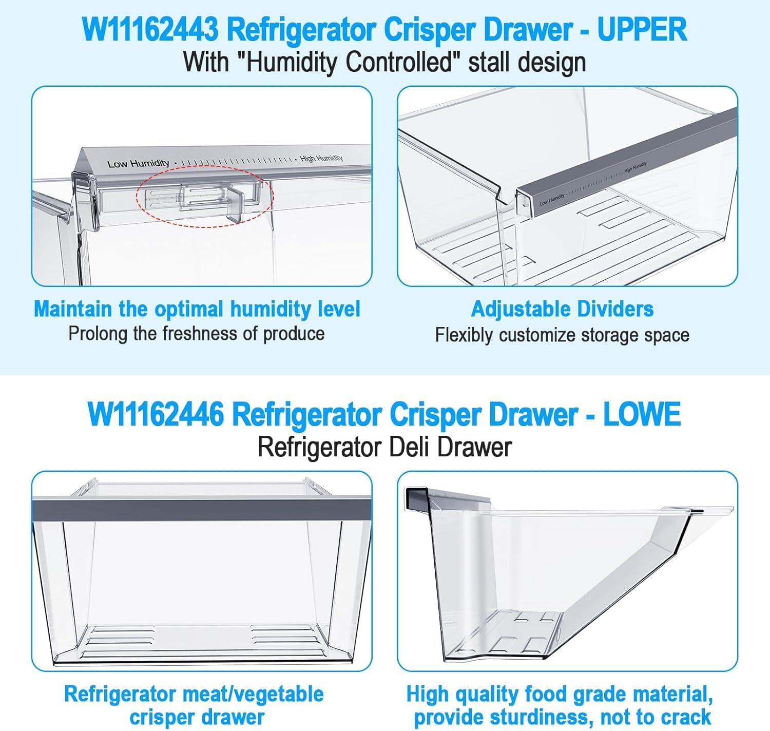 [2 PACK] W11162443 W11162446 WRS315SDHZ08 WRS325SDHZ05 WRS315SDHZ05 WRS315SDHM01 WRS321SDHZ08 WRS325SDHZ08 Crisper Drawer Compatible with Whirlpool Refrigerator Drawers Replacement Fridge Drawers