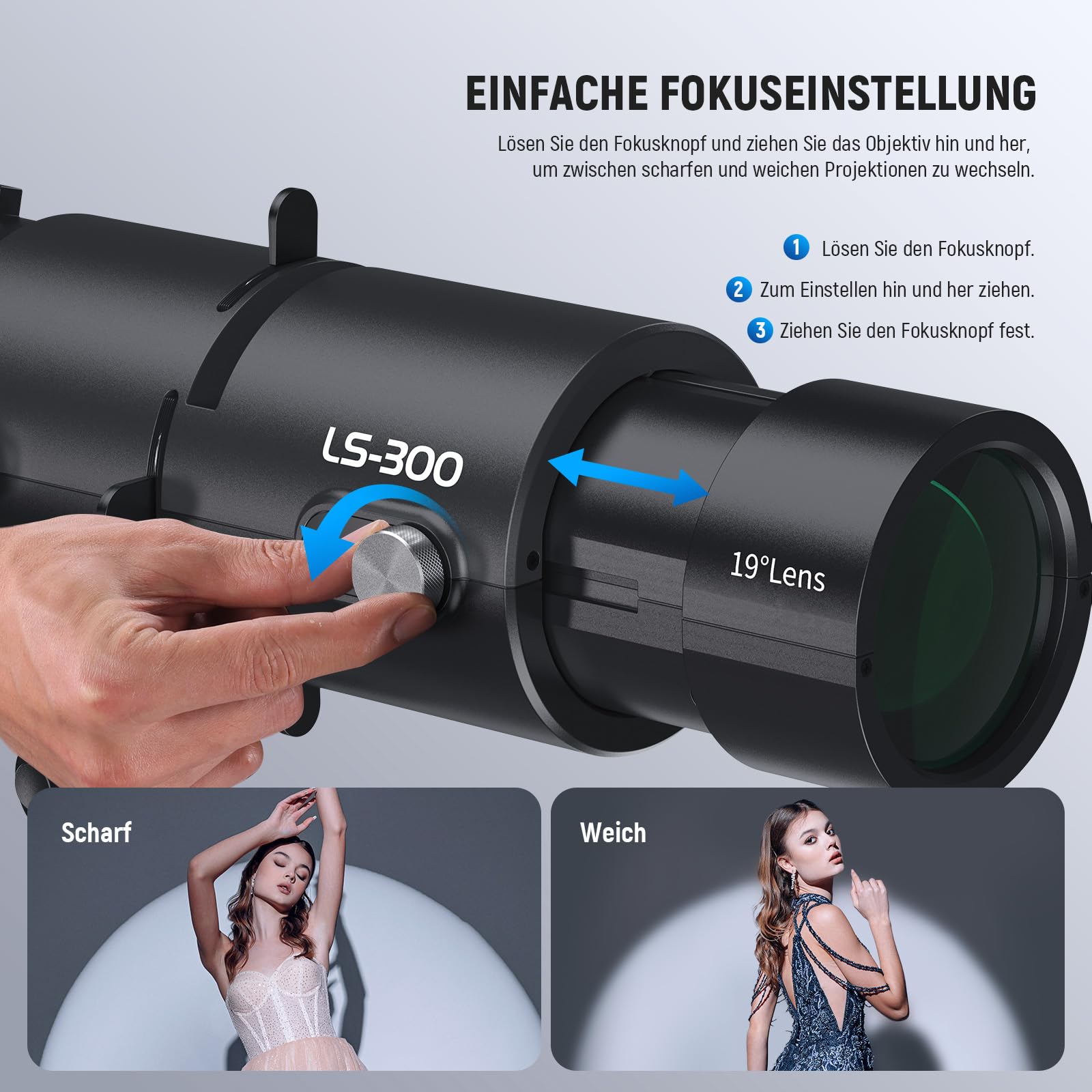 Neewer LS-300 Spotlight Optischer Snoot für 300W Bowens Mount LED Videoleuchten mit 16x GOBO 19Â Projektionsobjektiv 98% Geometrischer Former für kreative Fotografie Beleuchtung – Bild 6
