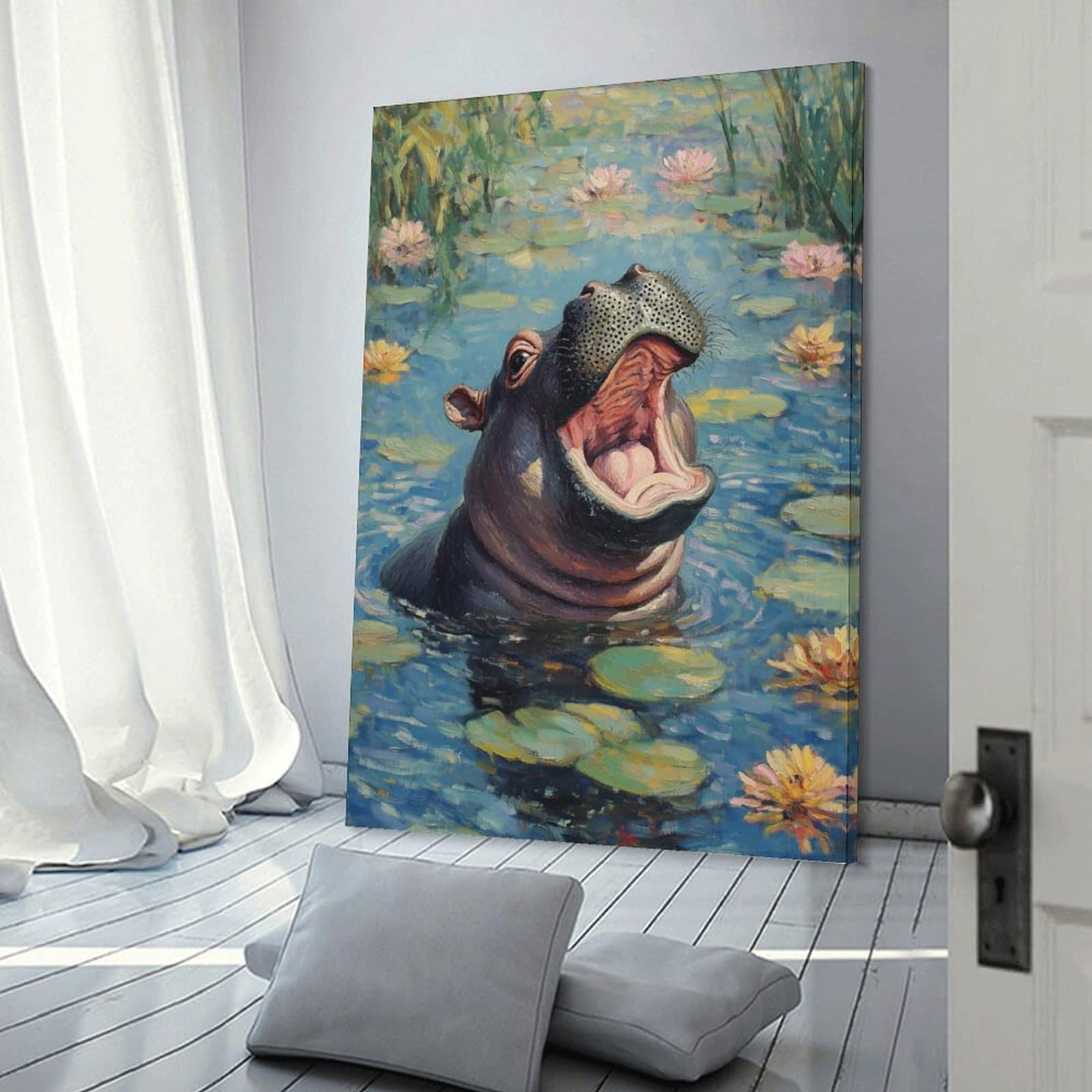 Junmoney Hippopotamus in Water Lilies Decorative Canvas Print 16x24inch(40x60cm), for Hallway, Bedroom Or Modern Interiors, Home Decor Gift with Stylish Appeal