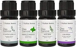 Kit 4 Óleo Essencial Eucalipto, Hortelã Pimenta, Lavanda, Alecrim Vitalize Aromas 100% Puro e Natural - Óleos Essenciais para Massagem, Aromaterapia, Difusor de Aromas - Vegano, Cruelty-Free