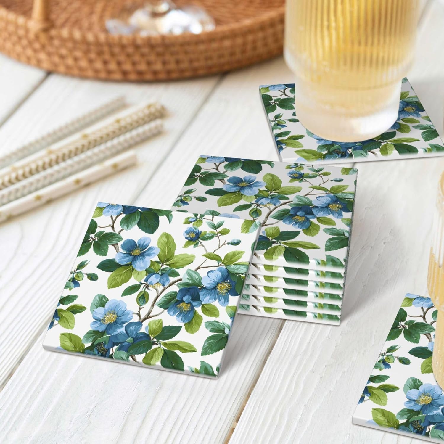 (Blue Flowers and Green Leaves) Ceramic Coasters Set of 6 with Holder Non-Slip Square Coffee Coasters for for Cup Mug Drink Patio Coffee Table Decor, Christmas Coasters Home Bar Supplies