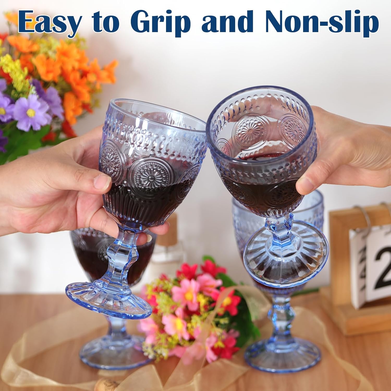 Vintage Wine Glasses Set of 12, 10 oz Glass Goblets Wine Glassware, Romantic Wedding Glass Set, Embossed Drinking Stemware Beverage Cups for Wedding Party Bar, Blue