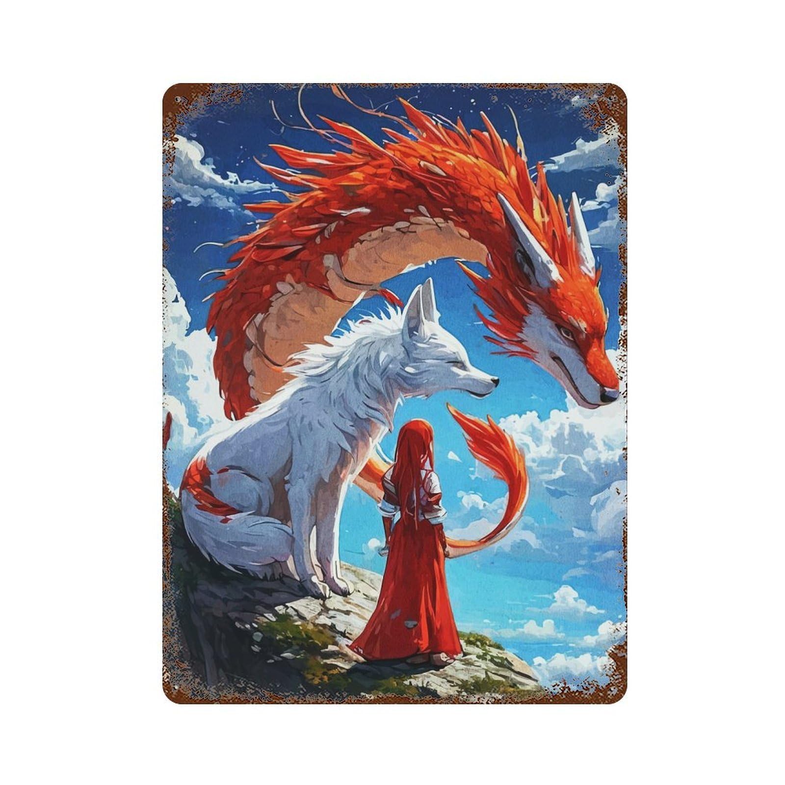 Fantasy Scene Girl, Wolf, And Dragon 15.7"x11.8" Rustic Tin Plaque, Retro Wall Decor for Garage, Bar And Workshop Decor