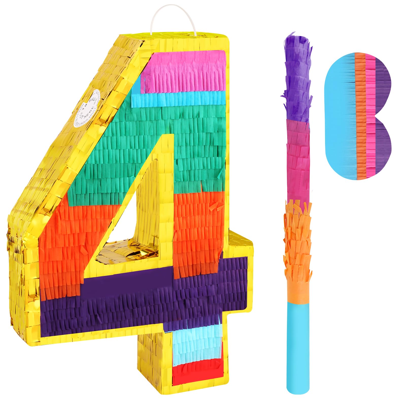 Piñata arcoíris número 4 con venda para los ojos y murciélago para fiesta de cumpleaños de niños y niñas, celebración de aniversario infantil, suministros de fiesta (16.1 x 10.6 x 3.2 pulgadas)