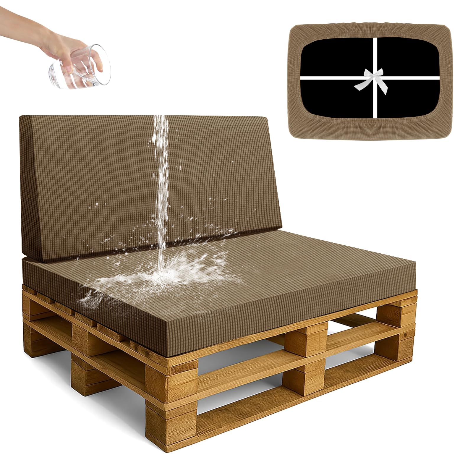 SYLC Waterproof Pallet Cushions Covers, Stretch Cover for Pallet Furniture Cushions with 4 Ties, Outdoor Corner Sofa Covers for Rattan Patio Garden Caravan (Camel,2 PCS(1 Seat+1 Back))