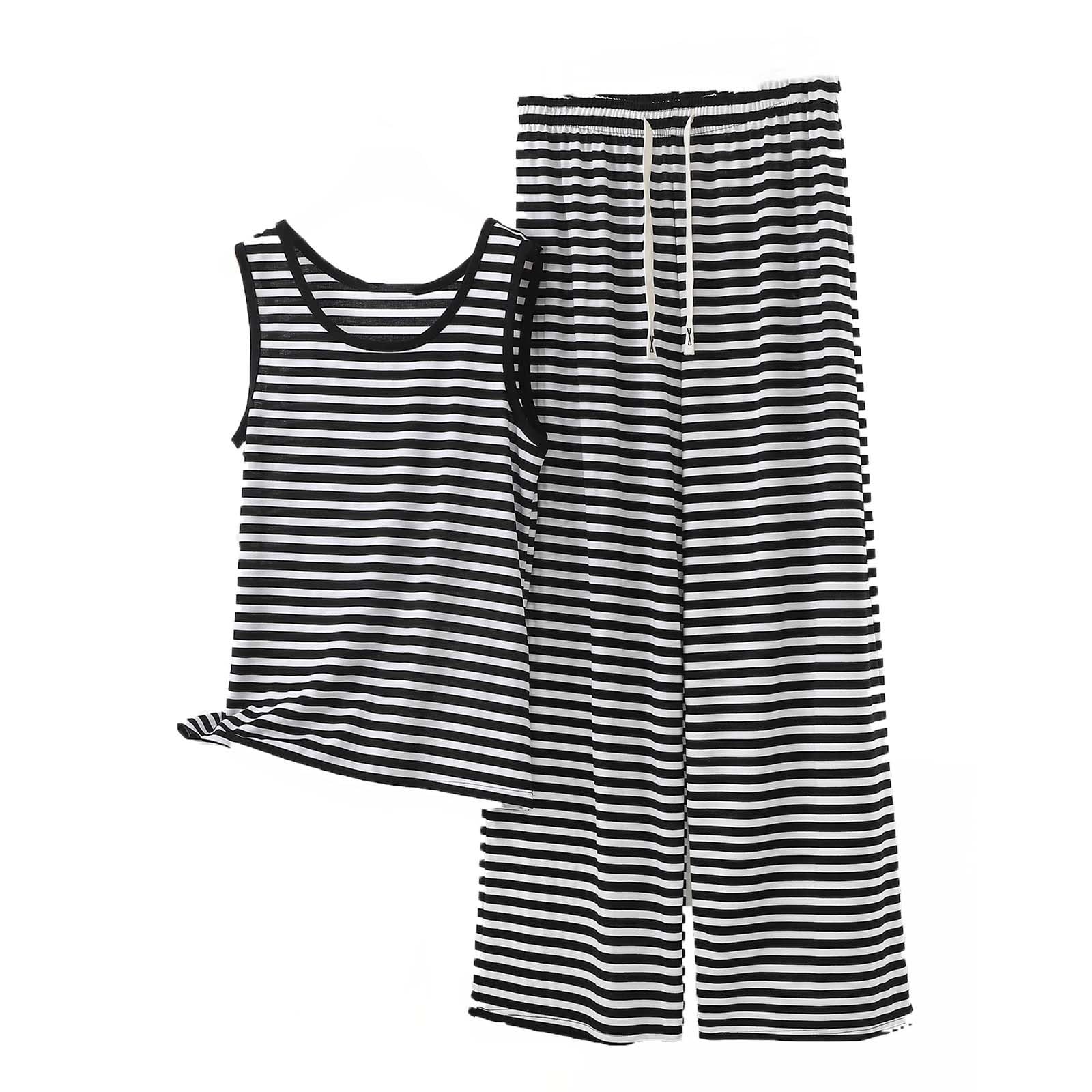 Athletic Outfits for Women 2 Piece Plus Size Striped Modal Matching Lounge Sets Sleeveless Tops and Pants Comfy