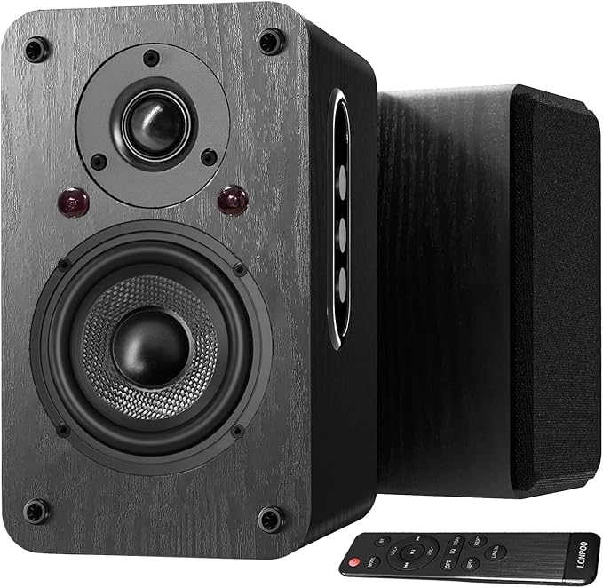 LONPOO Haut-parleurs de bibliothèque Actifs Bluetooth 100W RMS, avec HDM Arc, Optica, Coxaial, RCA, USB, AUX-in, woofer en Fibre de Carbone de 4 Pouces et Un 1.5’‘ Tweeter à d me en Soie