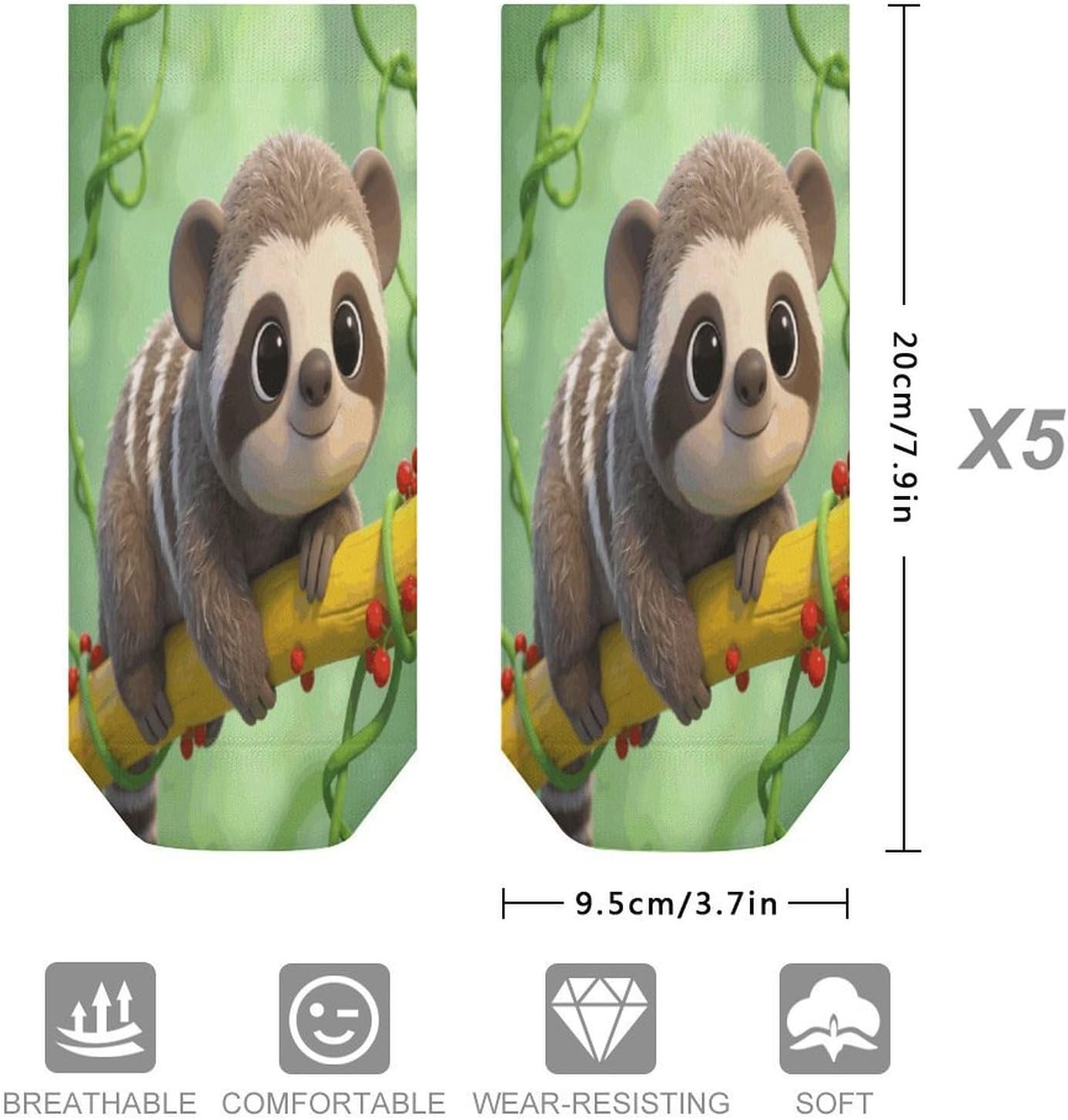 Sloth Ankle Socks for Men Women 5 Pairs | Comfortable Casual Low Cut Socks, Lightweight No Show Breathable Athletic Socks, Soft Mini Crew Socks for All Seasons