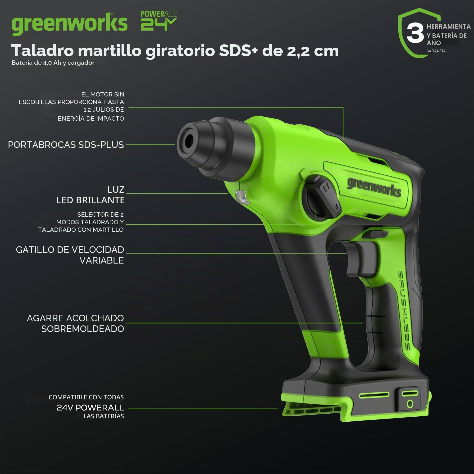 Greenworks taladro percutor a batería 1.2J, martillo perforador SDS plus por tabiques y hormigón, 24V brushless, taladro y percutor dos modos, velocidad ajustable, con batería de 2Ah y cargador