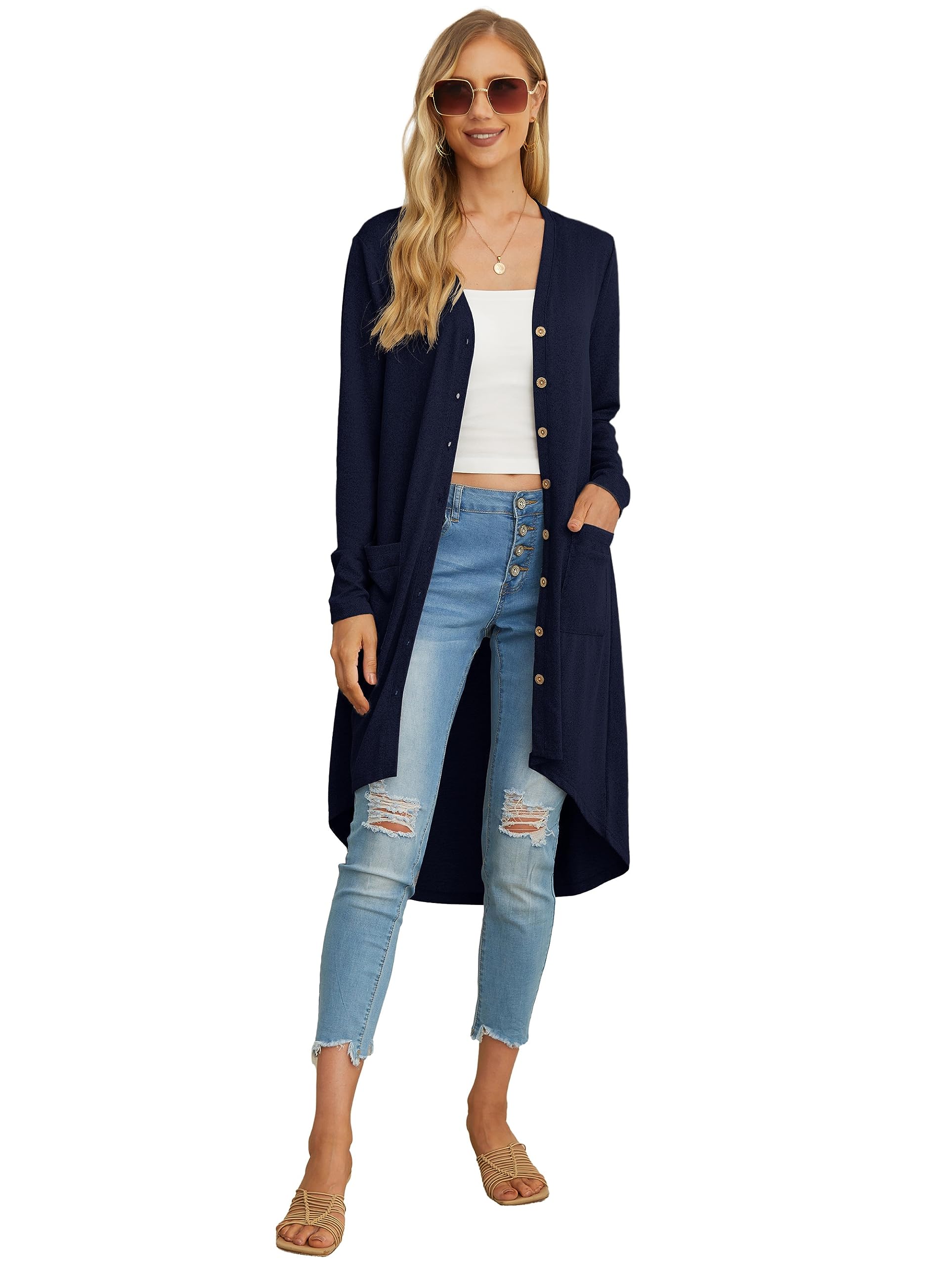 GRECERELLE Cardigan Lungo da Donna Cardigan Elegante a Manica Lunga Laterale con Bottoni e Tasche