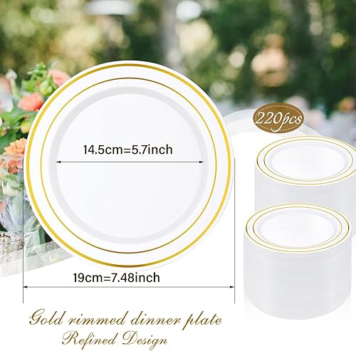 Miniatura 2 de KesaPlan Paquete de 220 platos desechables de plástico con borde dorado, platos blancos de 7.5 pulgadas para fiestas, platos blancos y dorados para