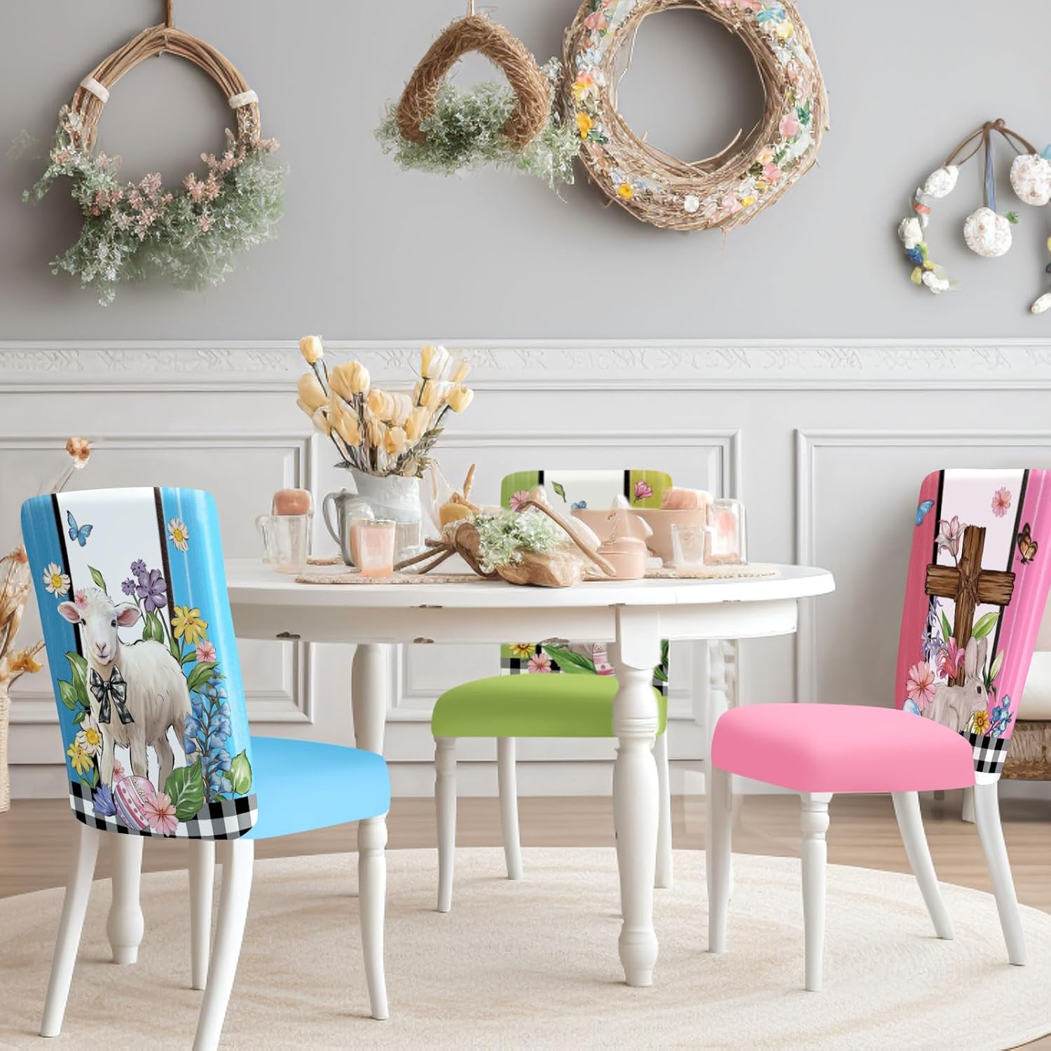 Easter Chair Covers Set of 6 Watercolor Flower Cross Bunny Egg Rabbit Sheep Seat Covers Dining Chair Slipcover Protector for Spring Home Kitchen Decor