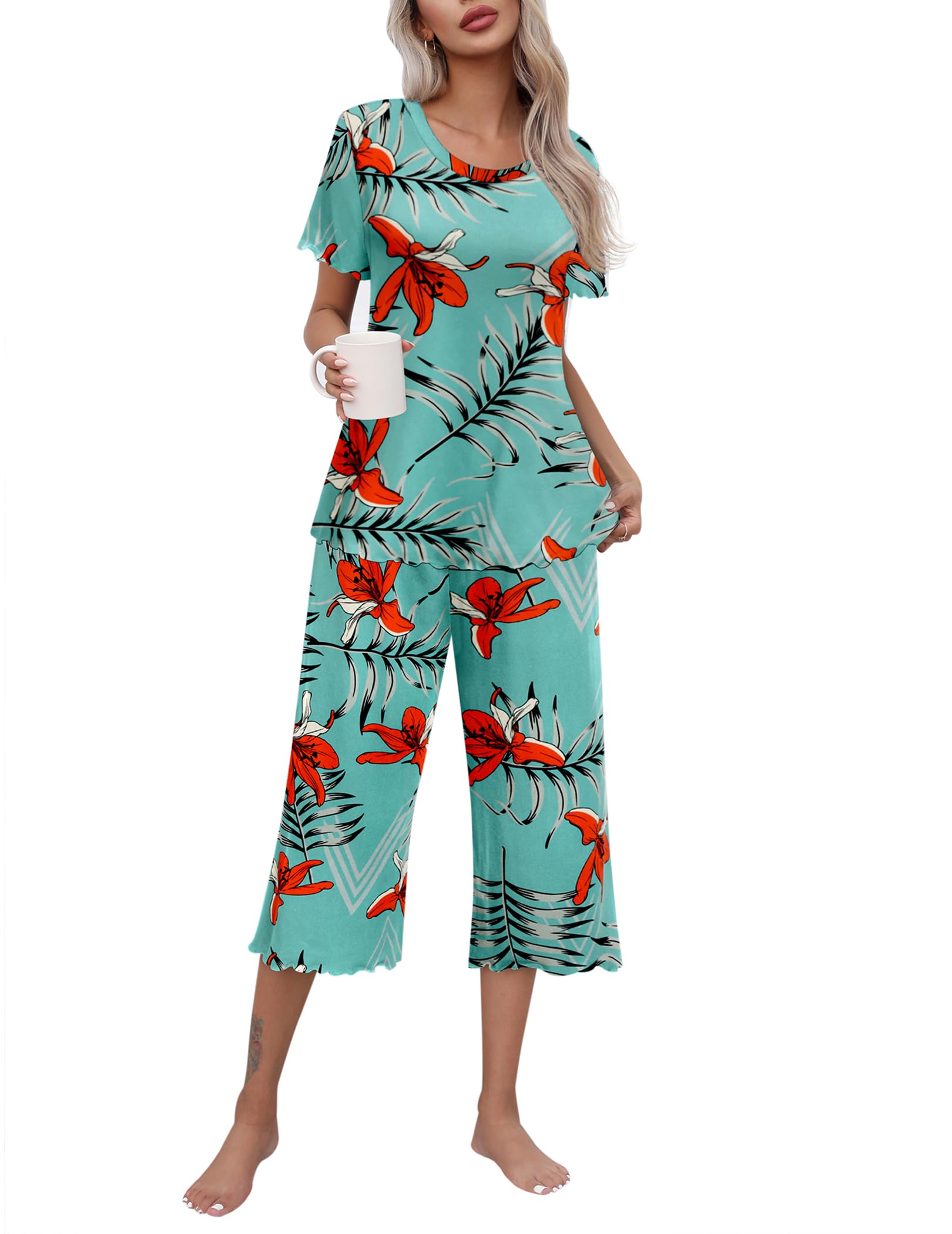 Ekouaer Pigiama Donna Estivo Pantaloni Capri Manica Corta Stampa Casual Pjs Set Nero S-XXL