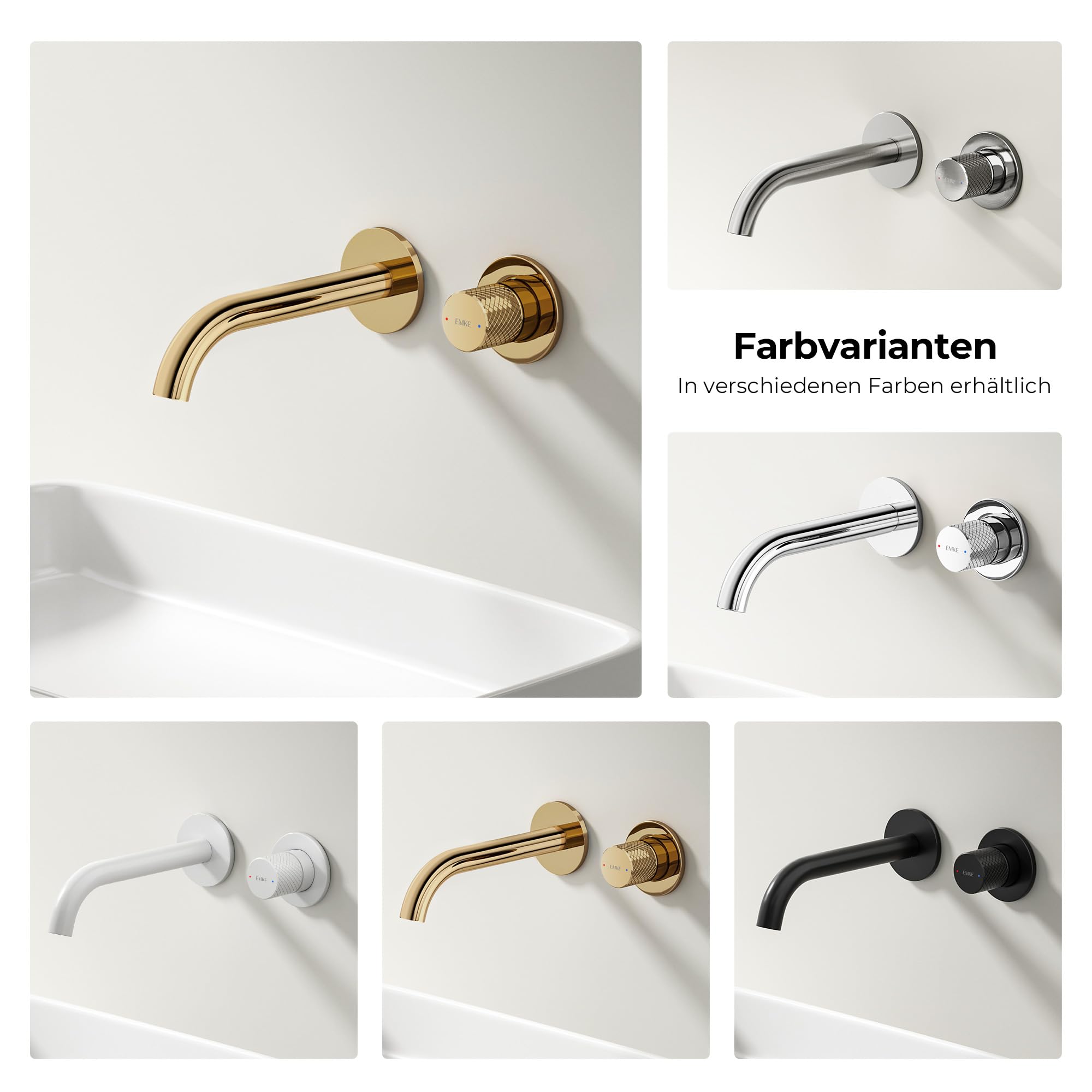 EMKE Waschtischarmatur Unterputz für Wandmontage, Wasserhahn Bad Unterputz, Mischbatterie Waschbecken wassersparend, Einhebelbatterie Armatur mit Auslauflänge 17 cm 4MS-Messing, Champagnergold