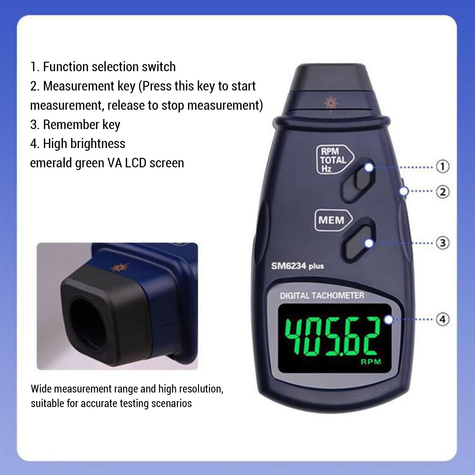 Tacómetro Digital Medidor de RPM Fototacómetro Láser Sensor sin Contacto 2.5 99999 RPM LCD Retroiluminado Probador de Velocidad de Motor Pequeño de Alta Precisión Medición de del Motor