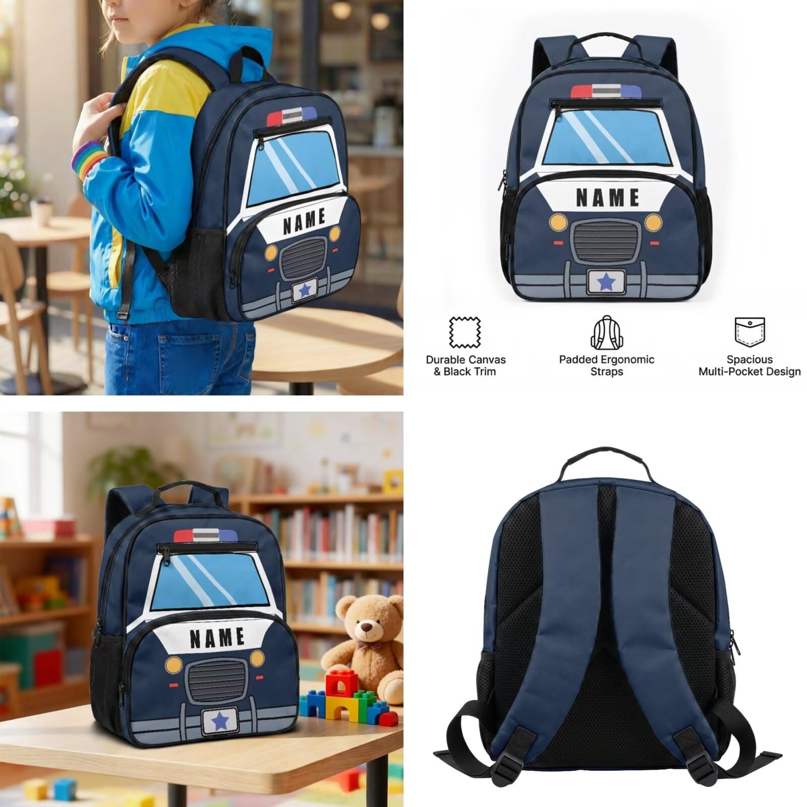 Set di 3 zaini per ragazzi da 3 a 5 anni, zaino scolastico e portapranzo per asilo e ragazzi, borsa per libri prescolari per la scuola, Aggiungi Nome Police Car, S, Classico