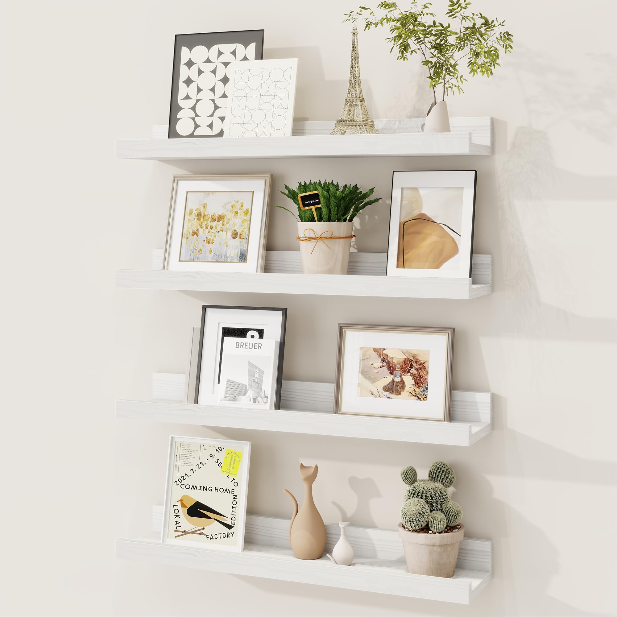 Fun Memories Picture Ledge Shelf, Solid Pine Wood Floating Shelves Set of 4, 16 Inches Nursery Book Shelves for Toys Storage, Kids Bookshelf Wall