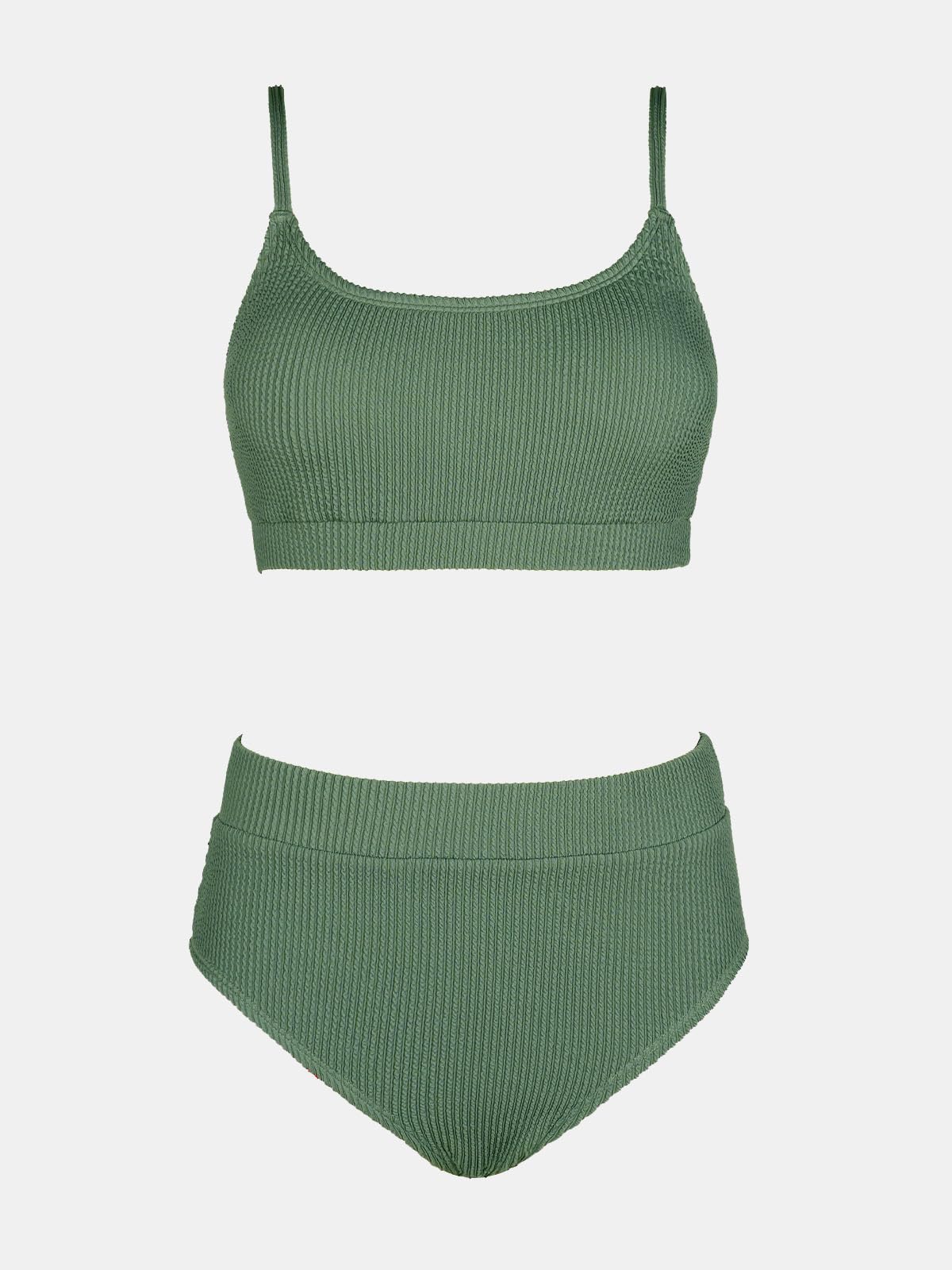 CUPSHE Ensemble bikini deux pièces en tissu texturé pour femme, avec taille haute, col rond et bretelles spaghetti réglables