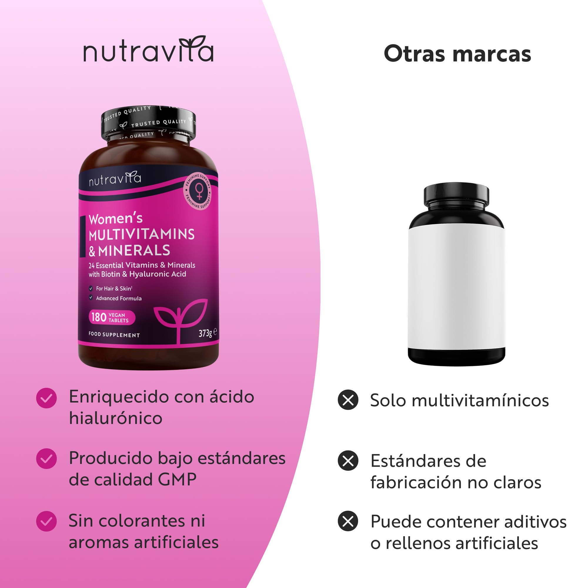 Nutravita Multivitaminas Mujer - 180 Tabletas Veganas - Complejo Multivitaminas y Mineral para Mujeres - 24 Vitaminas y Minerales Activos Esenciales - Vitaminas C, D3, Biotina & Ácido Hialurónico