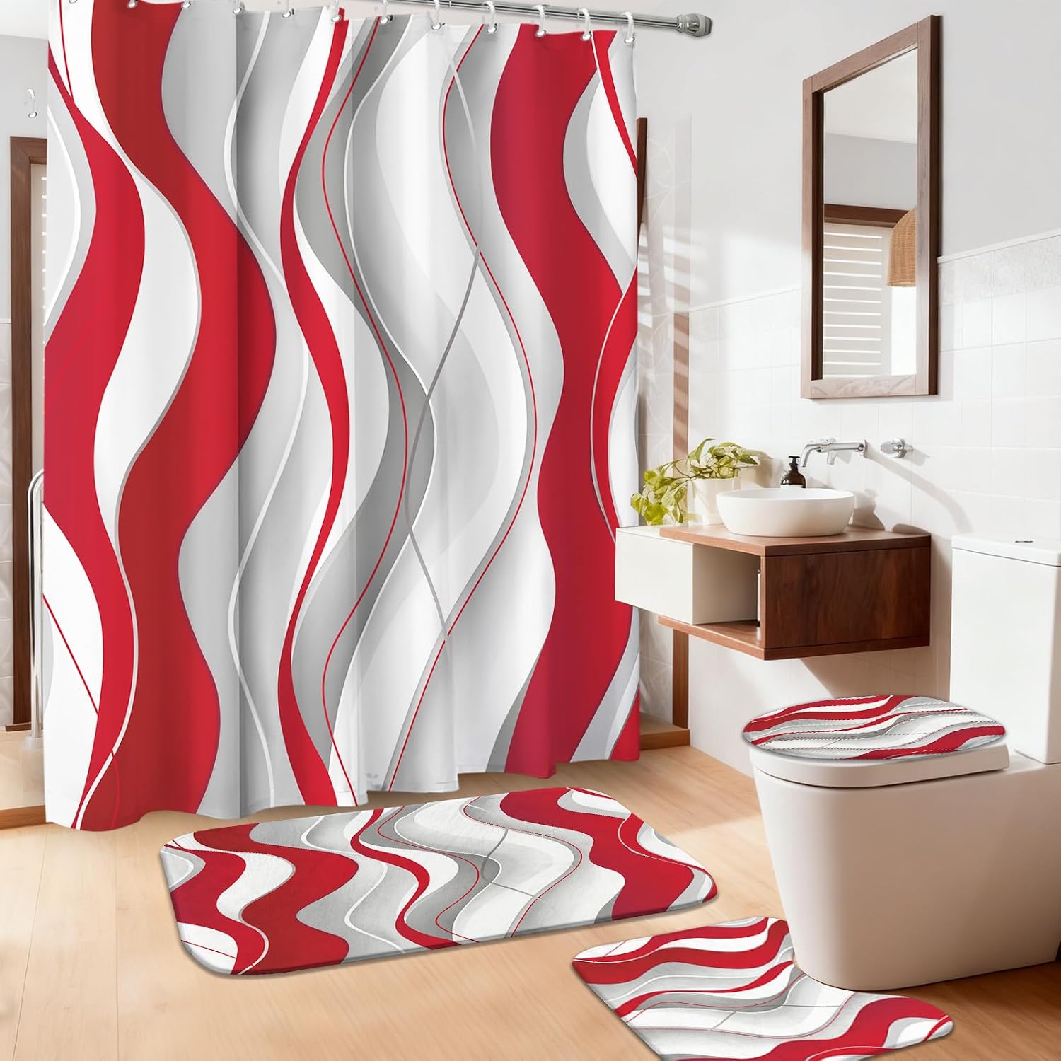 4 Pcs Red and White Bathroom Sets with Shower Curtain and Rugs,Red and Grey Shower Curtain Set with Bath Rugs,Modern Striped Bathroom Decor Set with 12 Hooks
