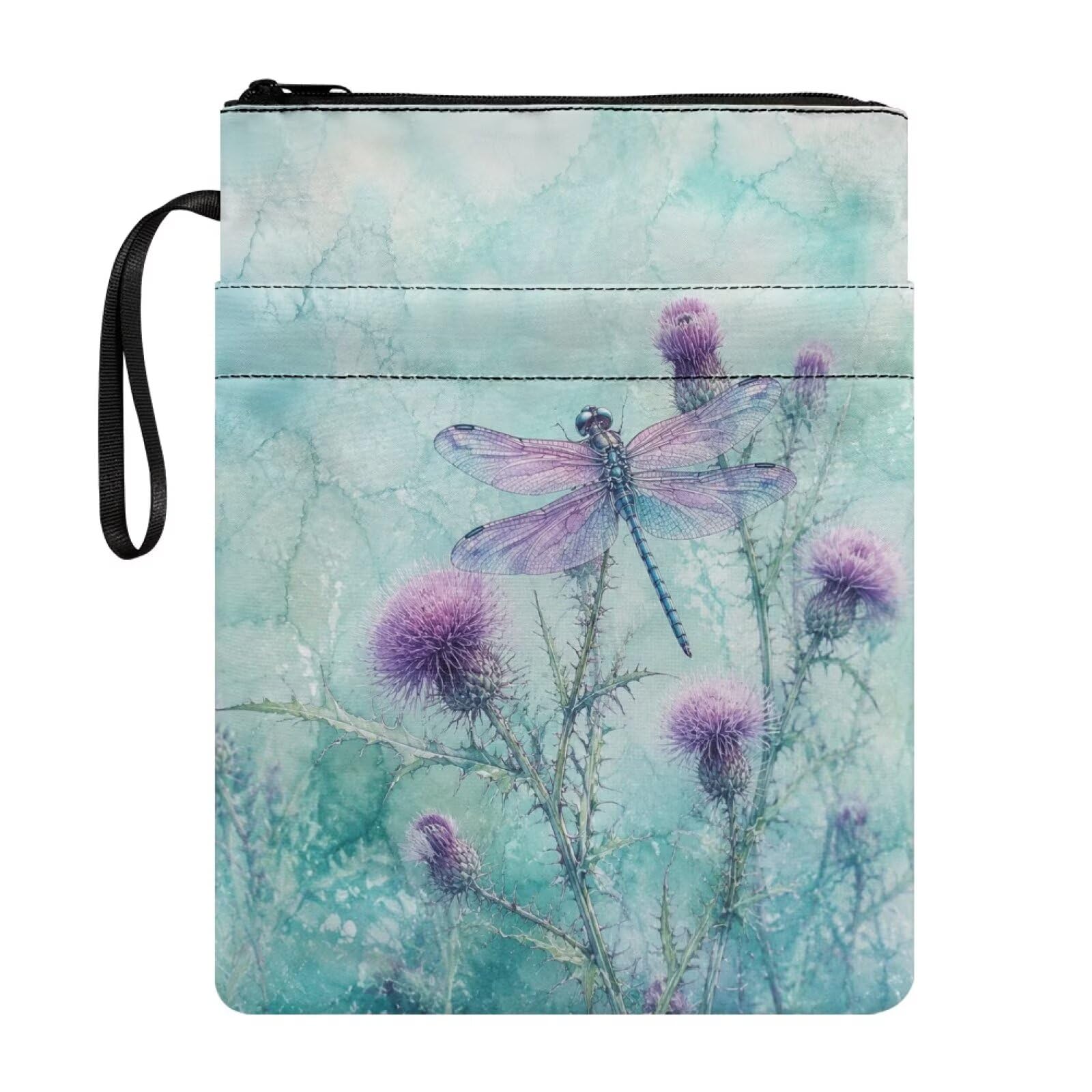 Poceacles Book Sleeve with Pocket Zippered Paperbacks Pouch Cover, Textbook Bible Protector for Book Lovers Readers Friends, Dragonfly Floral Marble Light Teal