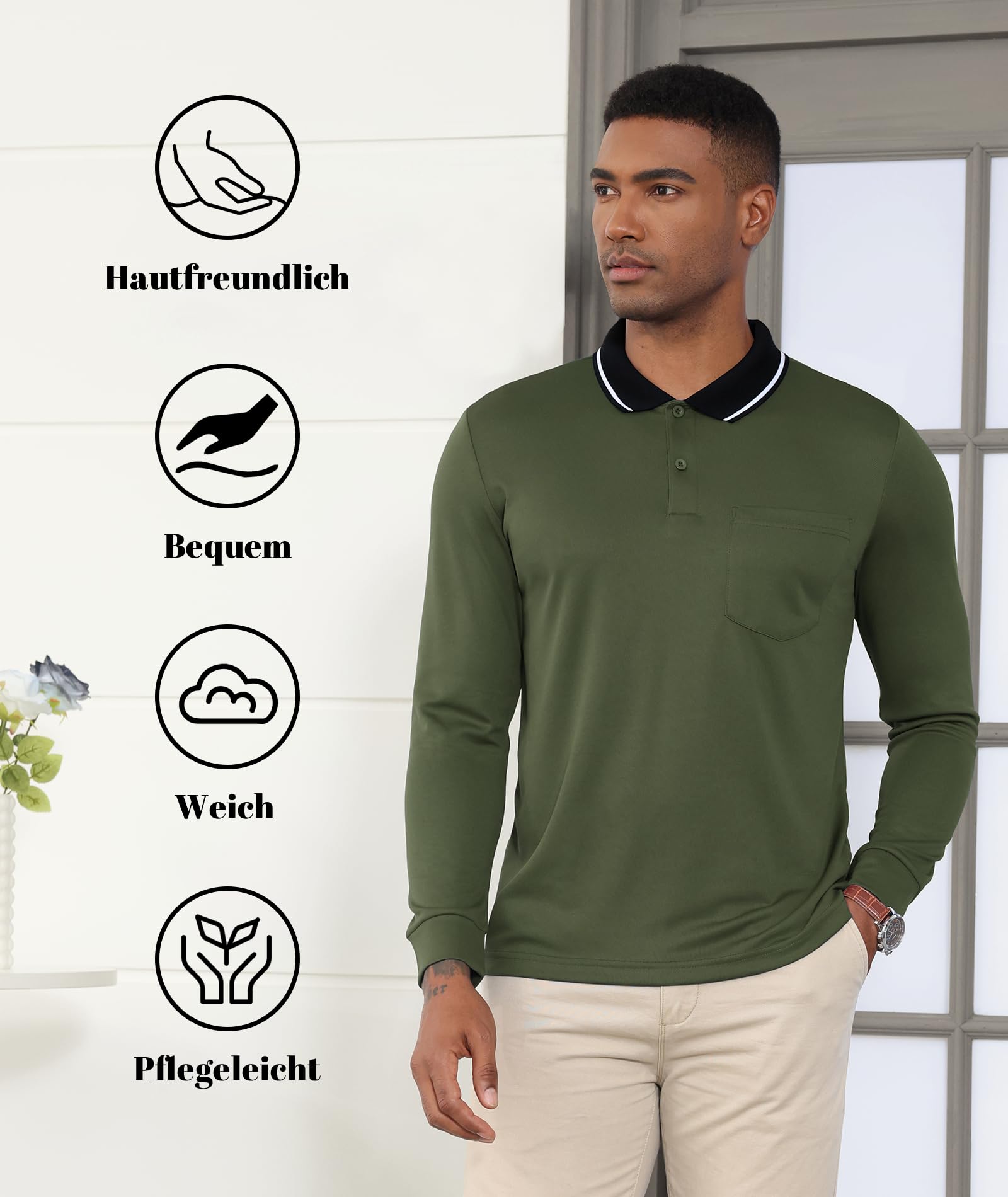 SwissWell 3er Pack Poloshirt Herren Langarm mit Brusttasche Golf Polo T-Shirt Atmungsaktives Leichtes Polohemd für Business Casual