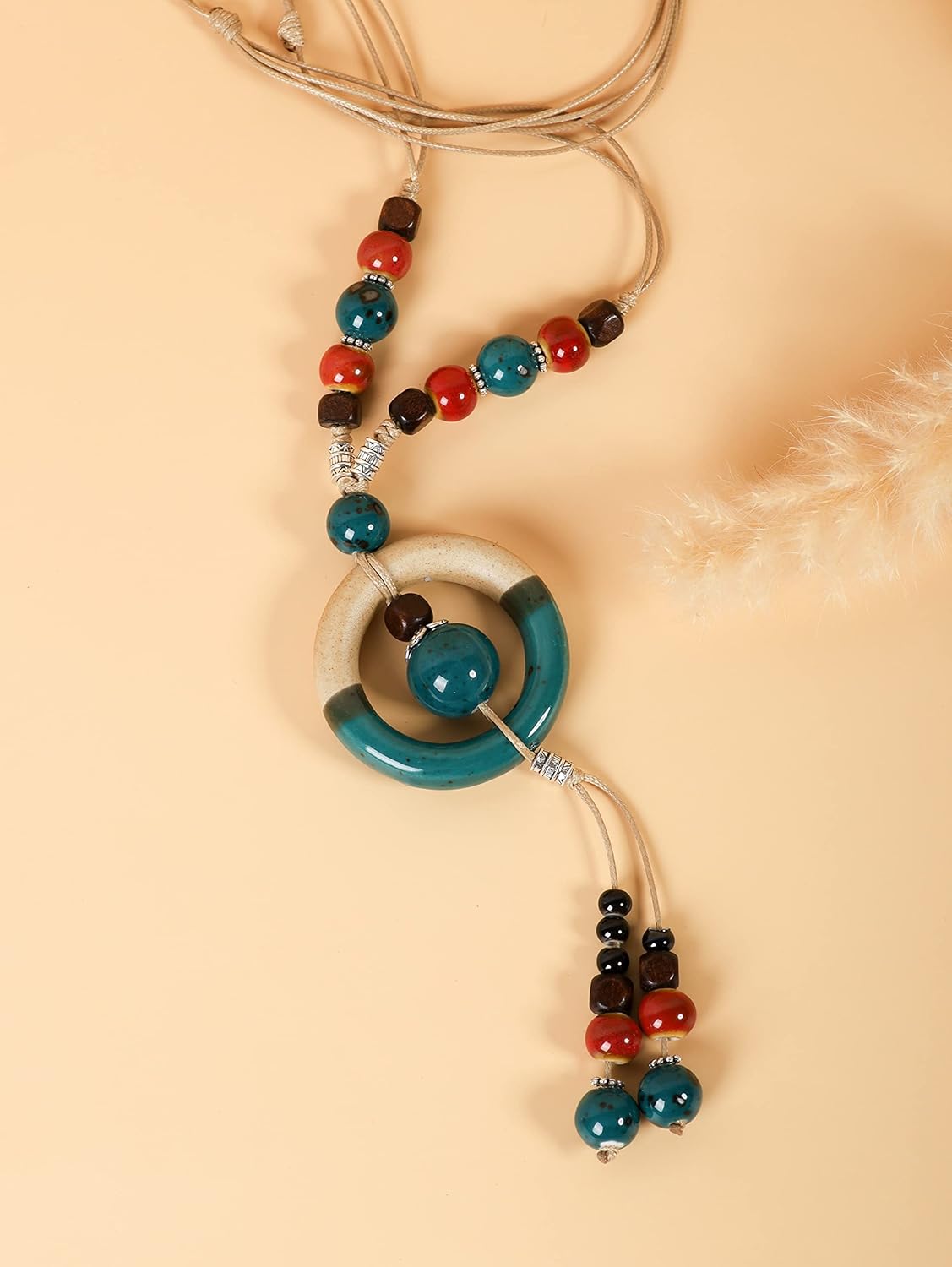 MINACHI Boho Hippie Colorful Ceramic Beads Strand O Ring Circle Charm Long Y Necklace, Vintage Bohemian Statement Jewelry Gift for Women - Image 2