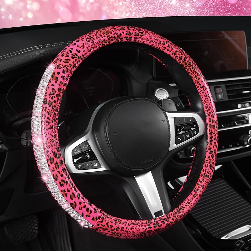Capa para Volante AUTOYOUTH Rosa com Strass e Estampa de Leopardo para Carro, SUV e Caminhão, 38,1 cm