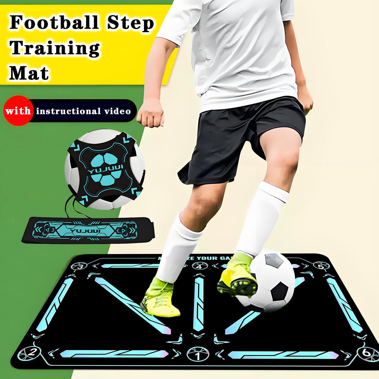 Fußballmatte Trainingsmatte Fussball Trainings set mit Fußball Trainingsset Schritt Trainingsmattem rutschfeste Fußball Schritt Trainingsmatte 60x90 cm Stoßdämpfende Fussball