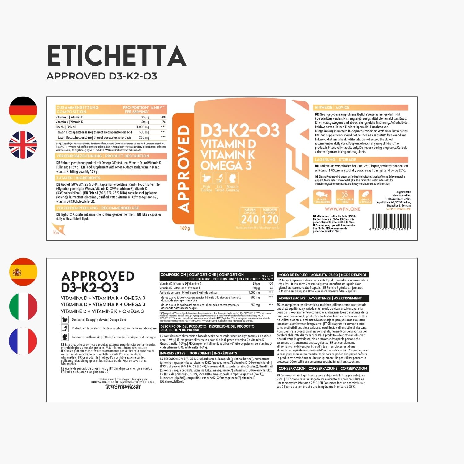 WFN Approved D3-K2-O3 - Vitamina D3 + K2 + Omega 3-240 capsule - Prodotto e testato in Germania