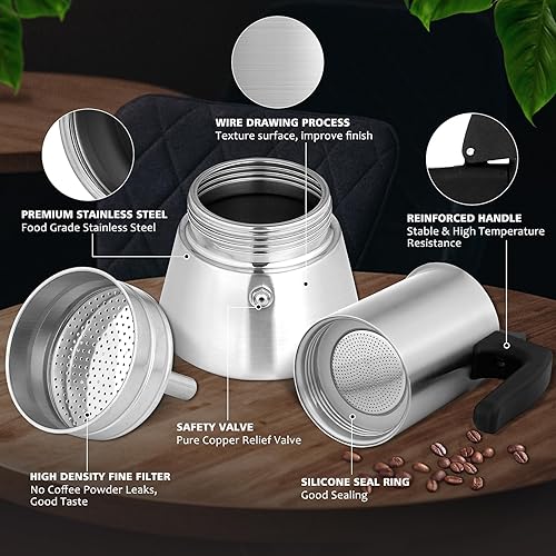 Miniatura 3 de Cafetera de café expreso de acero inoxidable para estufa, 9 tazas de café expreso, 15.2 fl oz15 onzas (taza de expreso 1.7 fl oz)1.7 onzas,