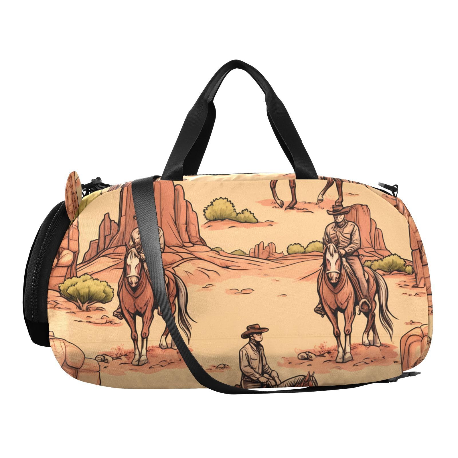 Flradish Cowboy Rides A Horse Across The Desert Kids Overnight Duffle Bag,Gymnastics Sports Dance Bag with Shoe Compartment & Wet Pocket, Travel Weekender Tote for Boys & Girls
