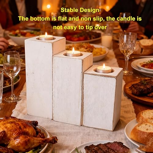 Miniatura 6 de Portavelas de madera, 3 unidades, estilo rústico de granja, soporte para velas con base plana para decoración del hogar, centro de mesa