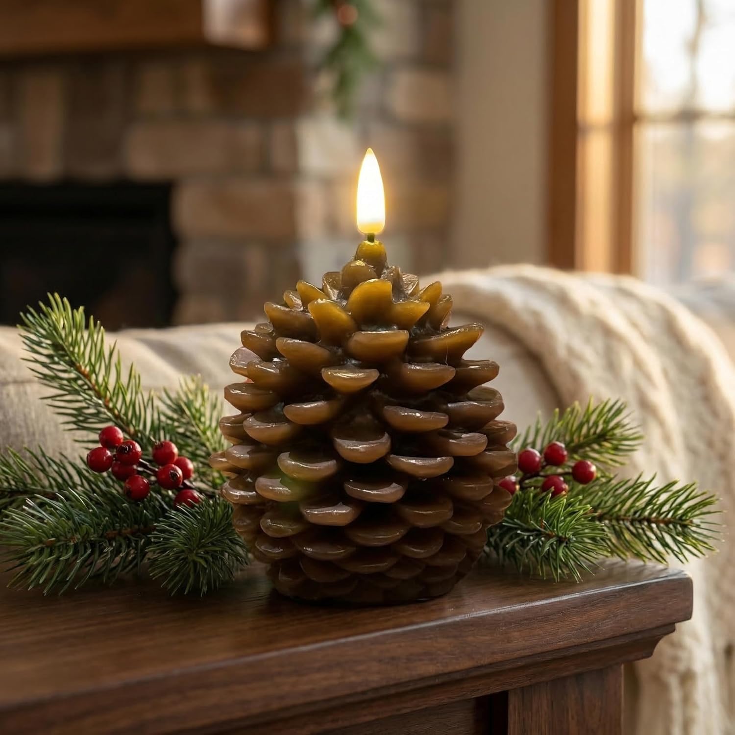 Flame-free LED pinecone candles with a timer, made from real wax and battery-powered, make for a charming rustic home decor piece for your mantel or dining table. Brown (4.8 inches × 3 inches)