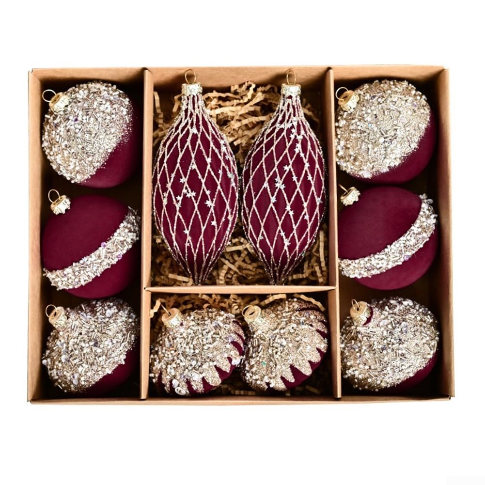 Lot de 10 boules de Noël en forme de boule de Noël - Bordeaux - Vert foncé - 8 cm