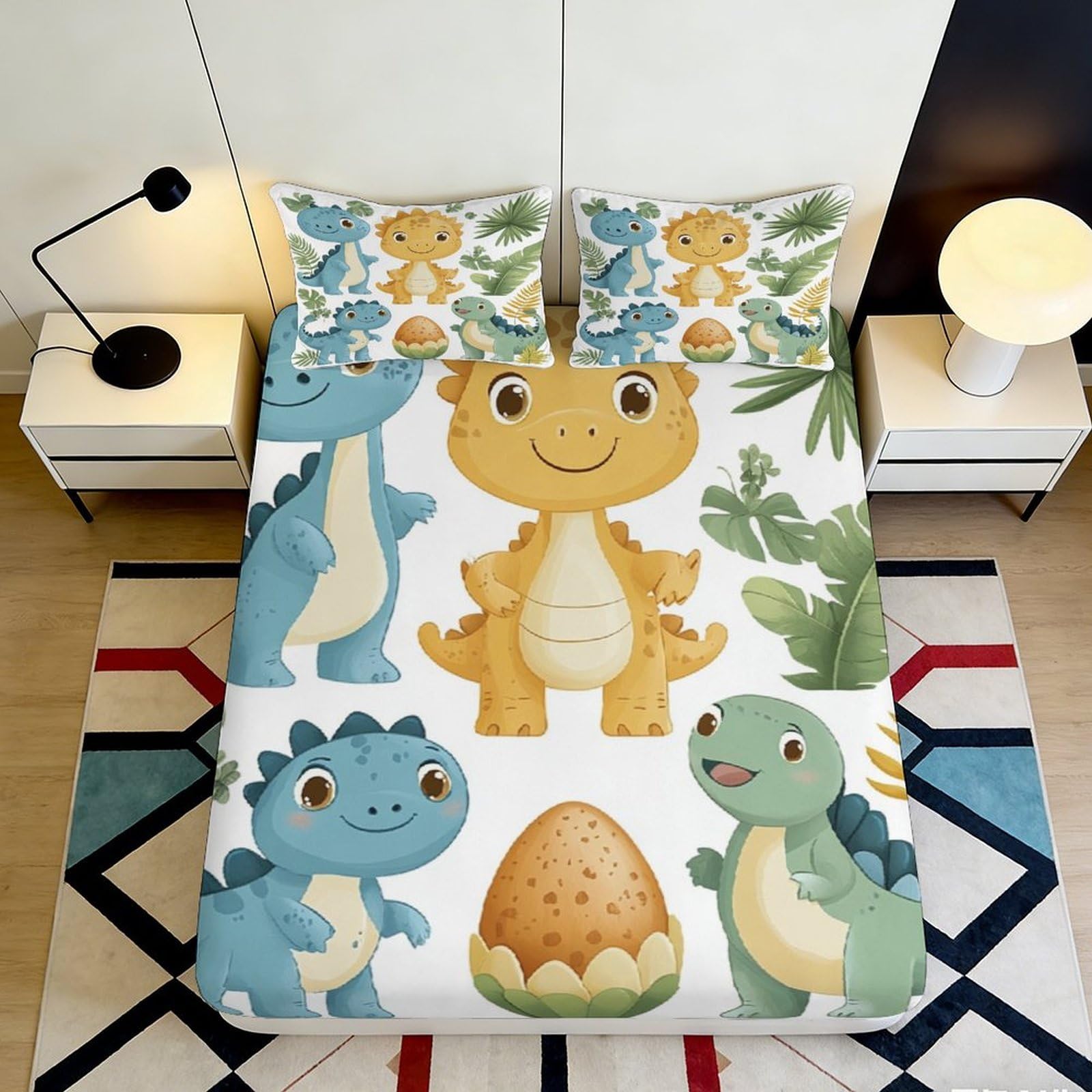 Jqzkxnhpbr Style-4 3D Printed Cartoon Dinosaur Fitted Sheet Microfiber Soft Green Yellow Kids Bed Cover For Bedroom Guest Room Decor 90X200x25cm
