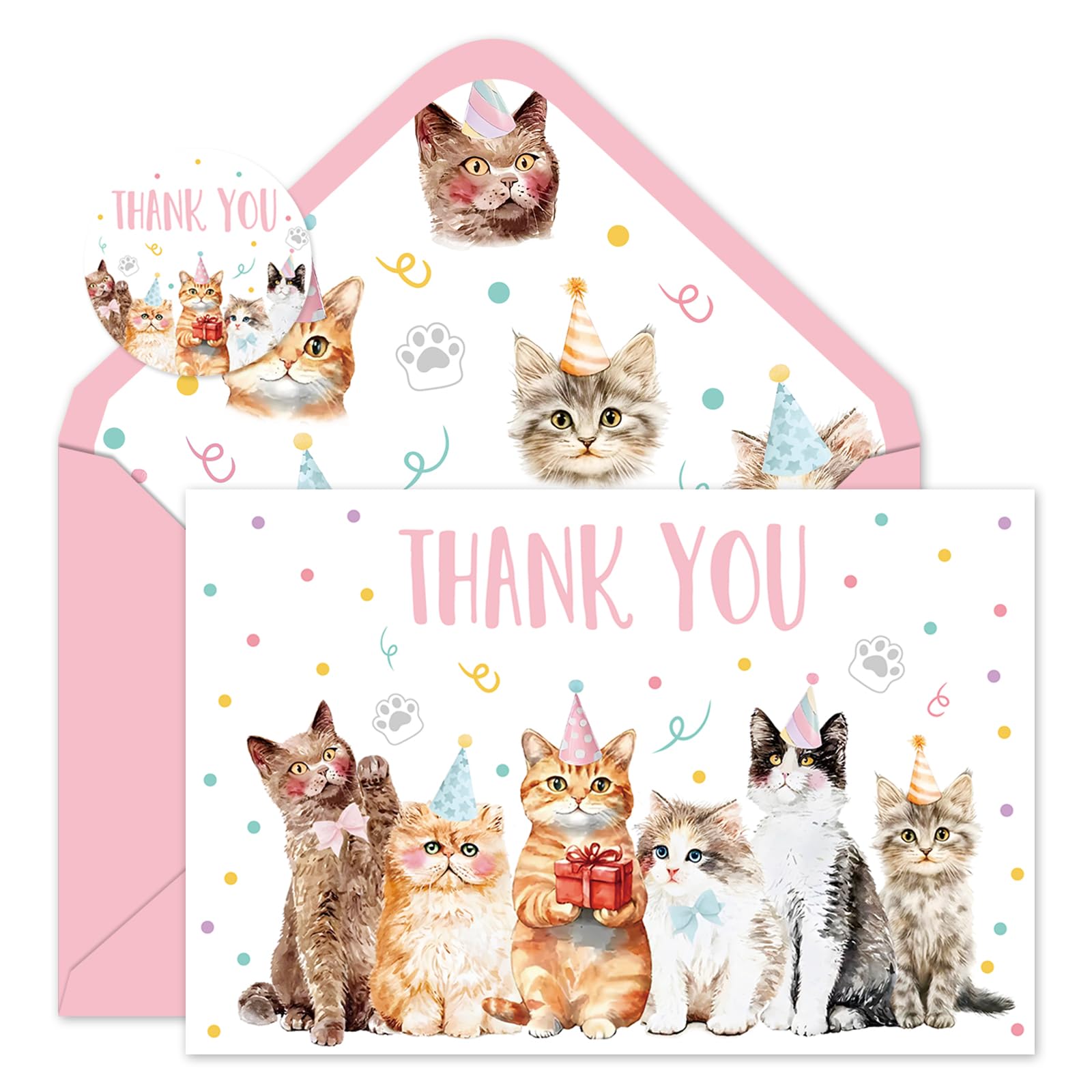 FYSUIMU 24 Pack Cat Thank You Cards Kitten Note Card with Envelopes Stickers Cute Colorful Greeting Blank Card for Birthday Baby Shower