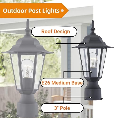 Miniatura 2 de WISBEAM Luz de poste para exteriores, linterna de poste, base E26 de 60 W máximo, carcasa de aluminio más vidrio, clasificación de ubicación húmeda