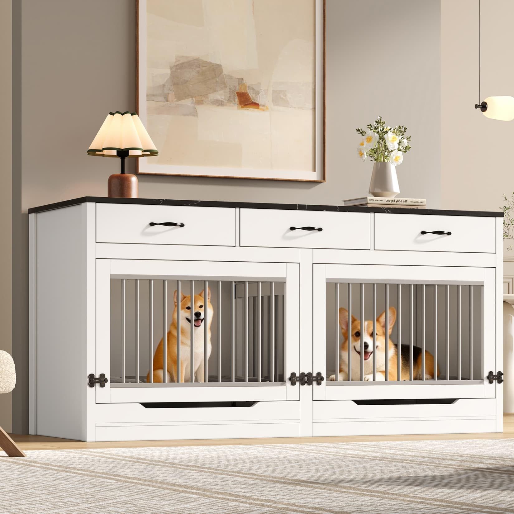 Cage pour Chien XXL 164×60×81cm,Niche/Cage Chien Interieur,Buffet avec Couvercle Supérieur à Rabat,étagère Amovible,3 Tiroirs,pour 2 Chiens (Noir Blanc)